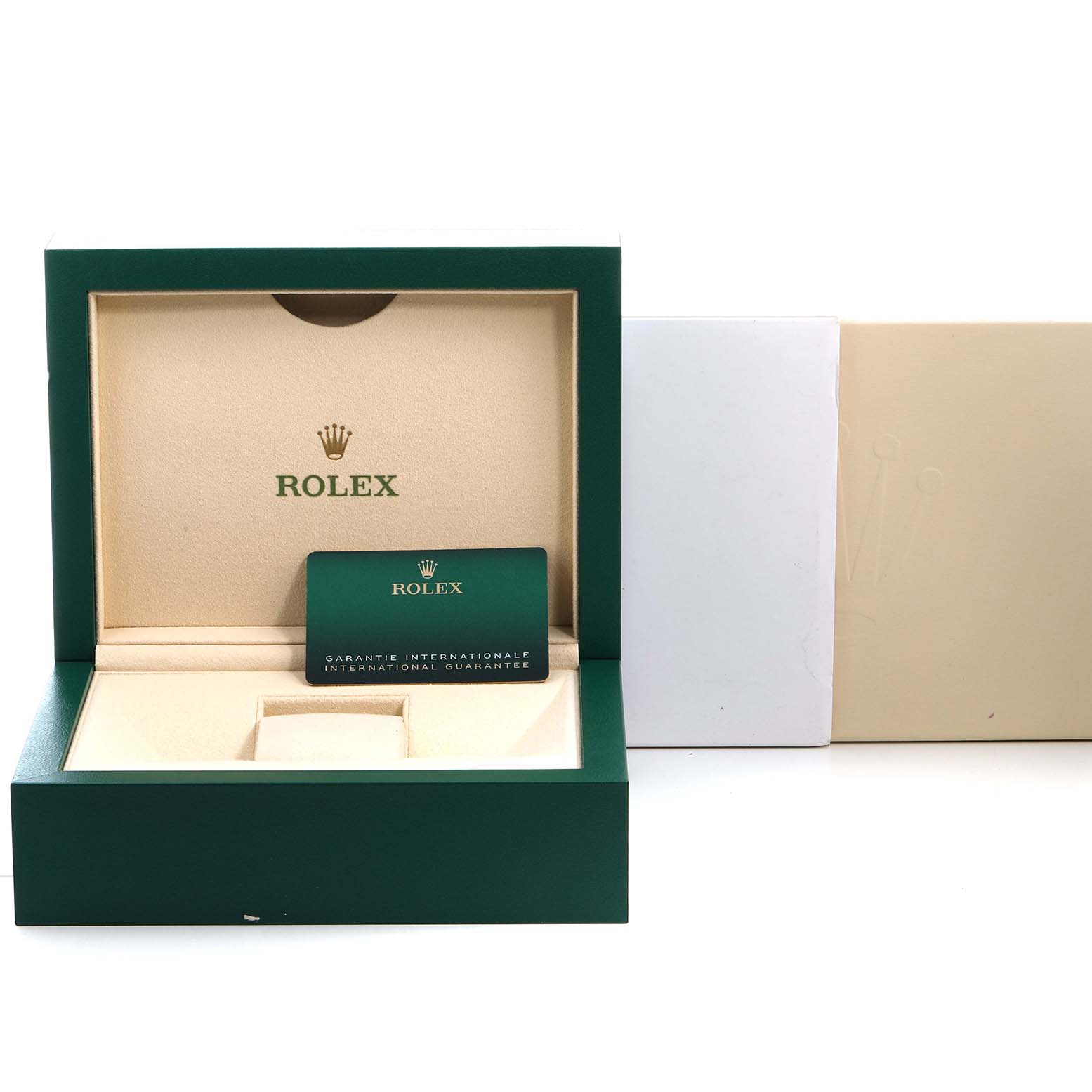 The image shows an open Rolex Sky-Dweller 336934 Men's Stainless Steel Blue Dial watch box with a warranty card inside.