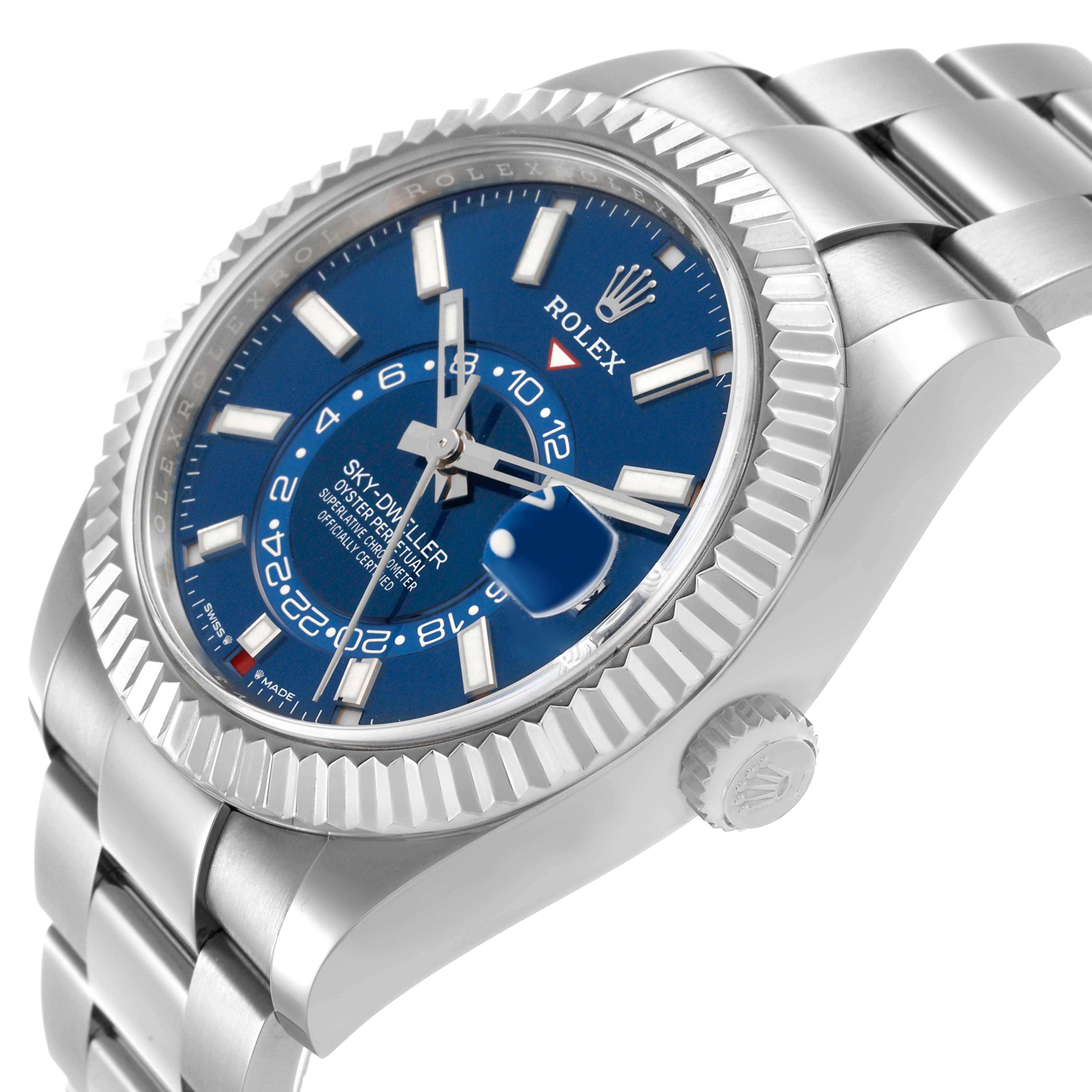 The image shows a side angle of the Rolex Sky-Dweller 336934 Men's Stainless Steel Blue Dial, featuring the bezel, crown, and bracelet.