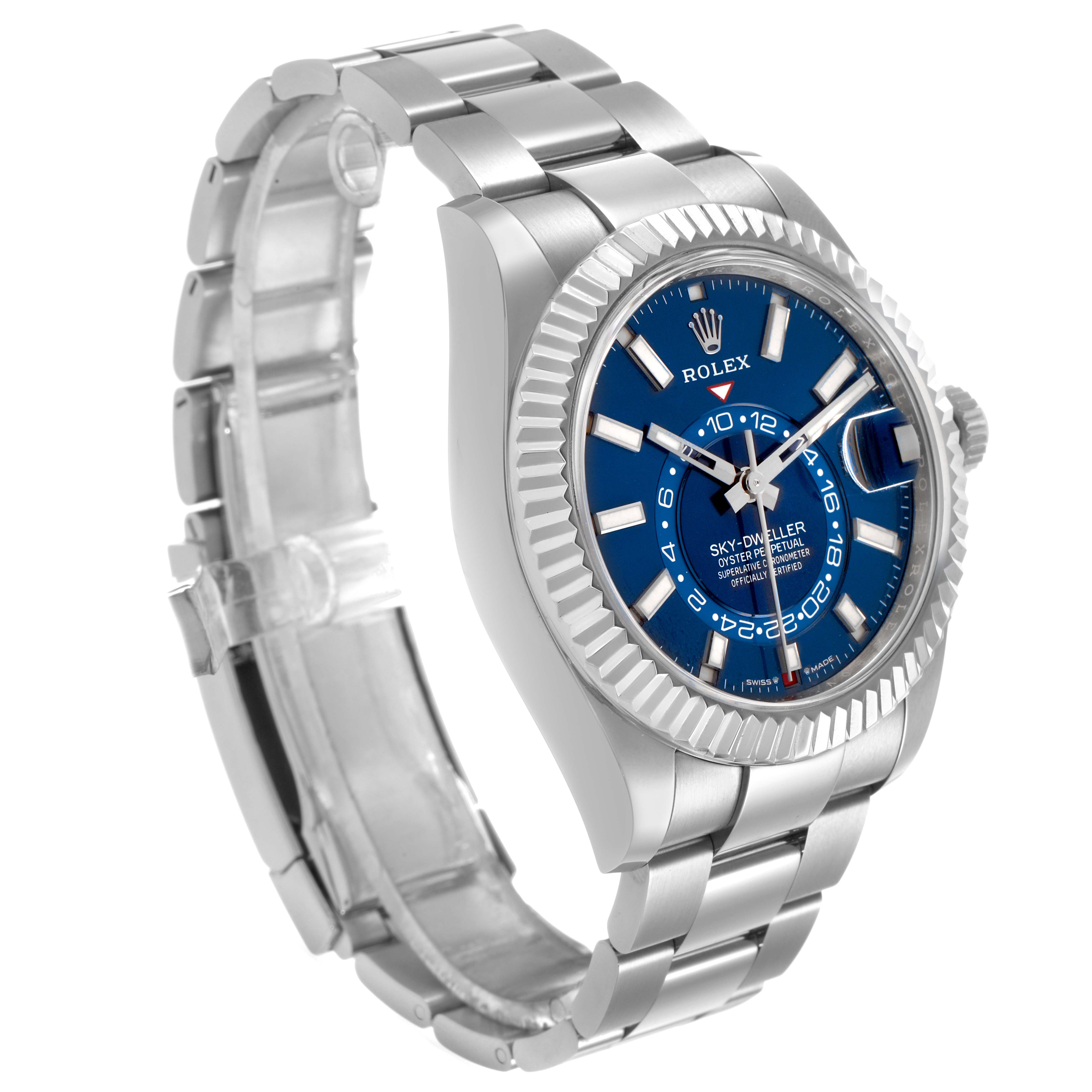 The Rolex Sky-Dweller 336934 Men's Stainless Steel Blue Dial watch is shown at an angled side view, highlighting its blue dial, bezel, and bracelet.