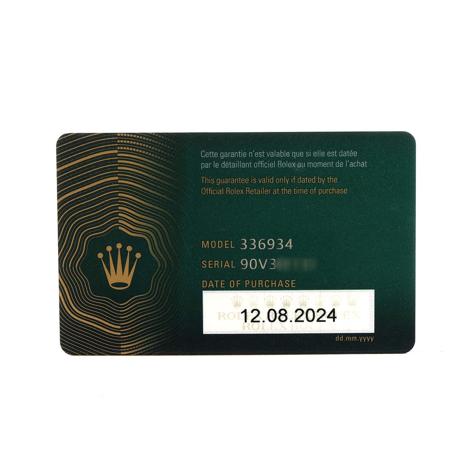 The image shows a warranty card for a Rolex Sky-Dweller 336934 Men's Stainless Steel Blue Dial, displaying the model and serial number with the purchase date.