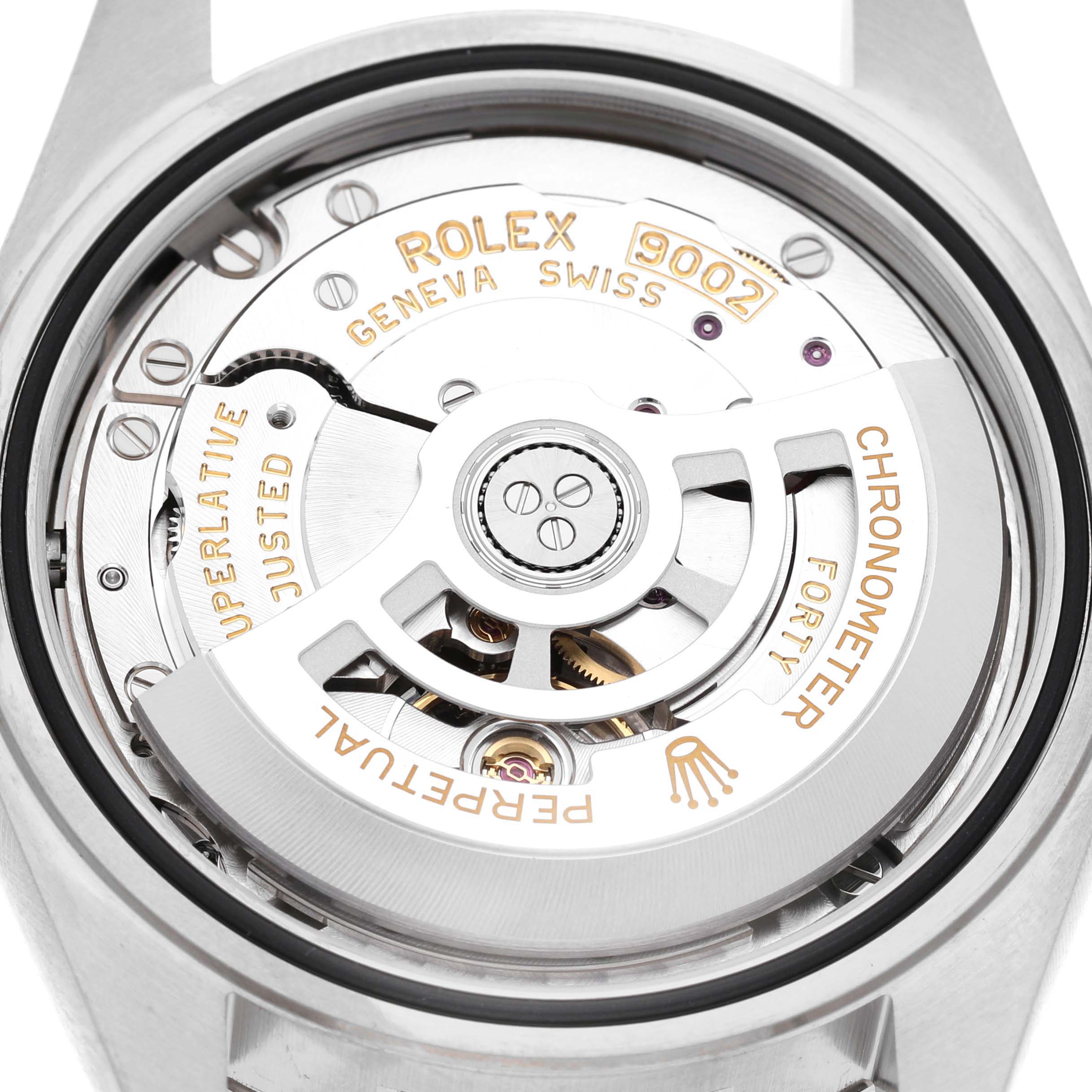 The image shows a close-up of the Rolex Sky-Dweller 336934 Men's Stainless Steel Blue Dial's movement from the back, revealing gears and the oscillating weight.