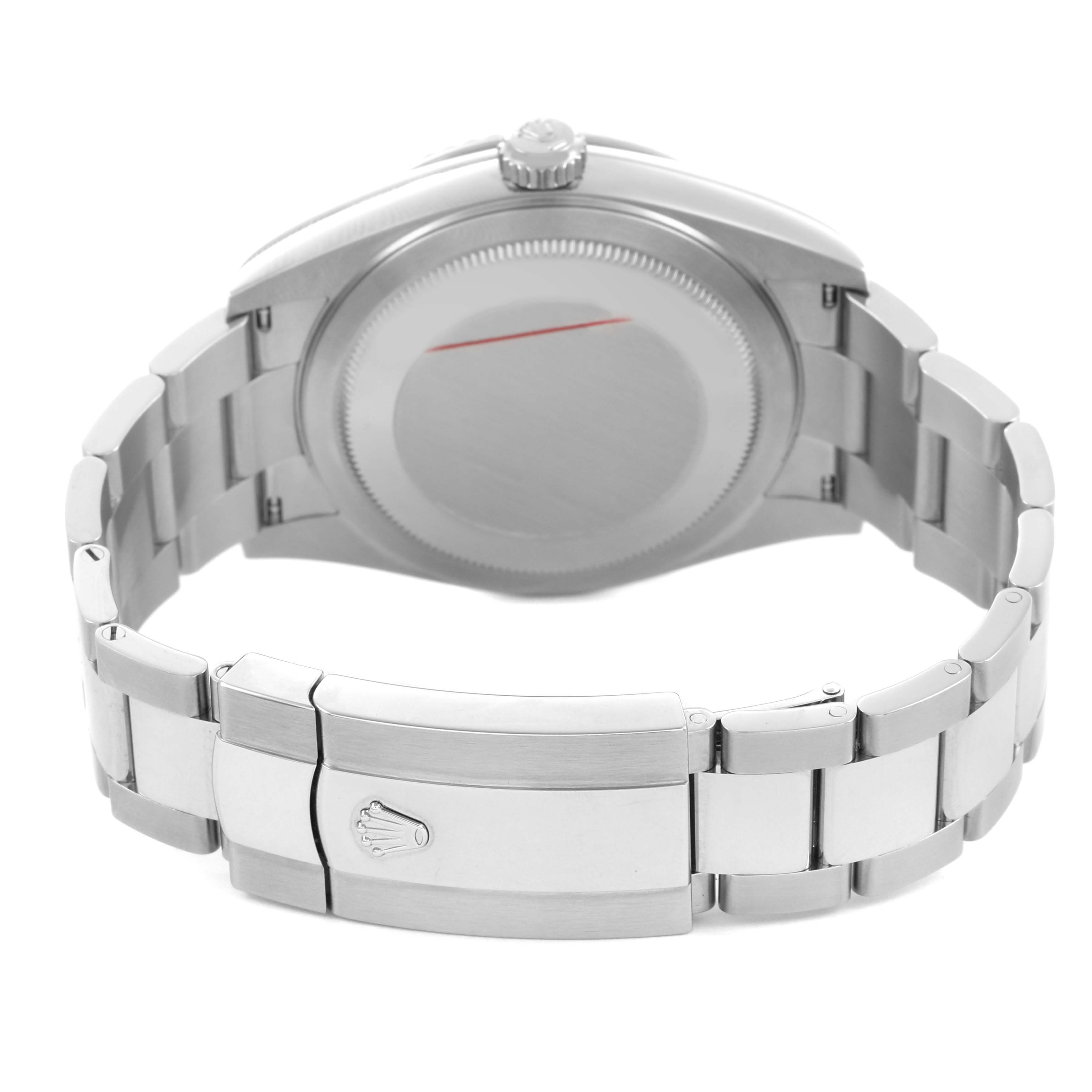 The image shows the back view of the Rolex Sky-Dweller 336934 Men's Stainless Steel Blue Dial watch, highlighting the clasp and bracelet links.