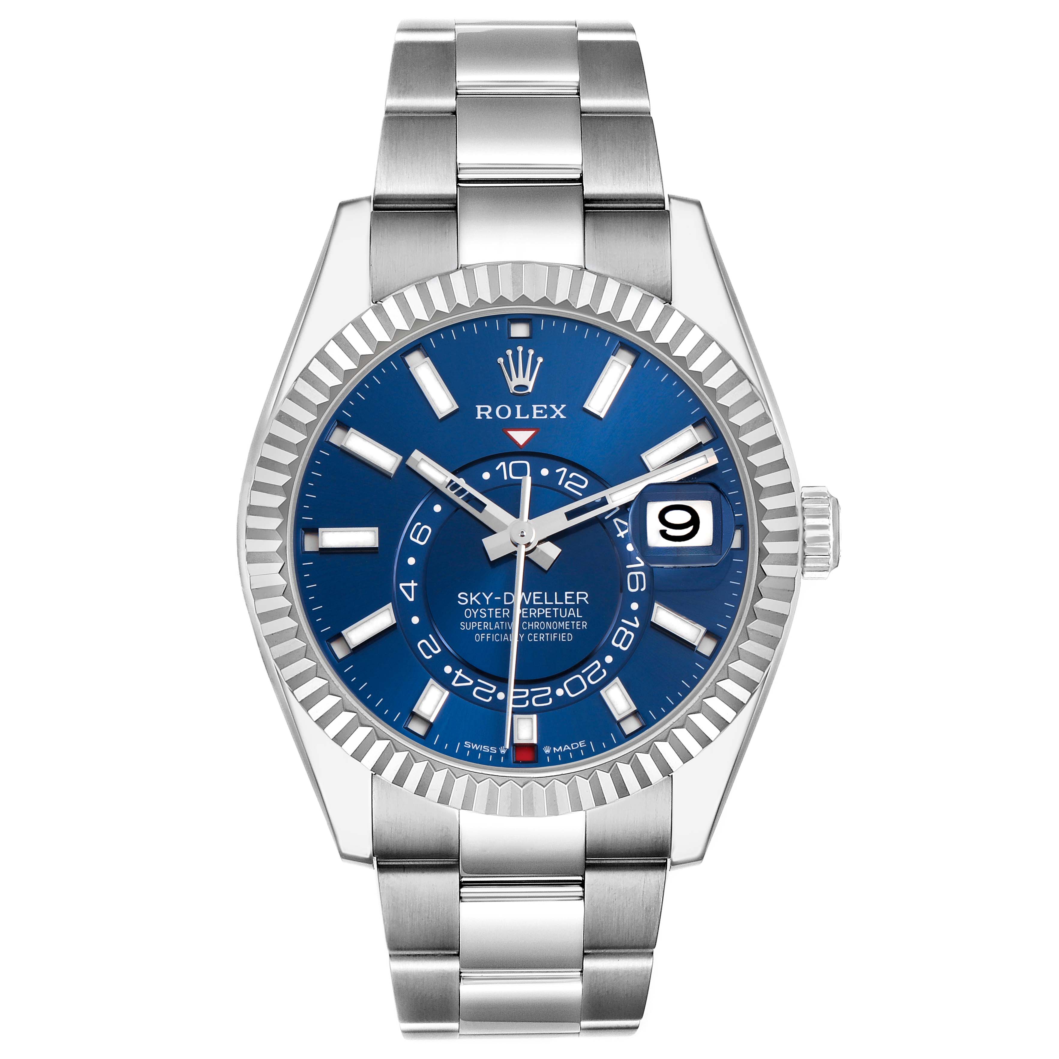 The Rolex Sky-Dweller 336934 Men's Stainless Steel Blue Dial watch is shown from a frontal angle, highlighting its blue dial, bezel, and bracelet.
