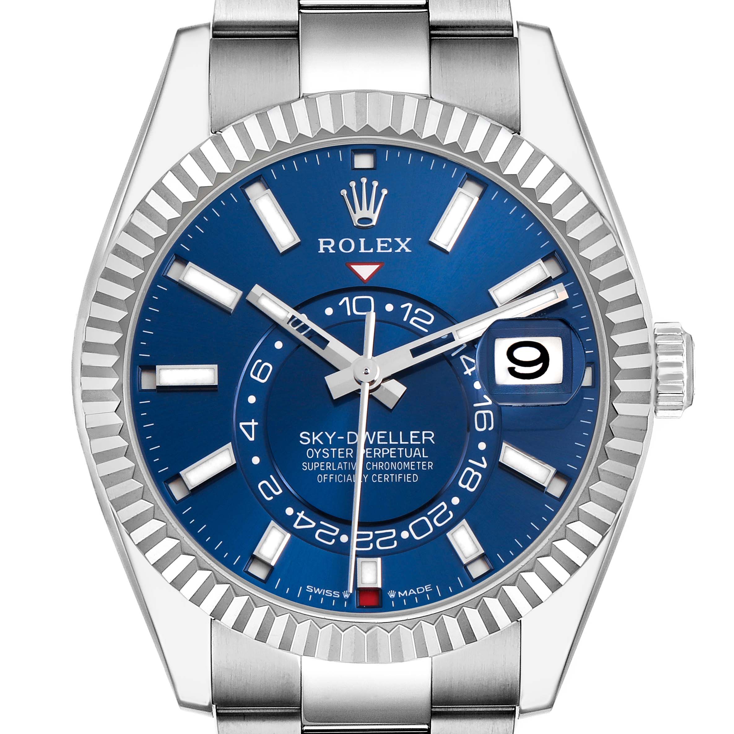 The Rolex Sky-Dweller 336934 Men's Stainless Steel Blue Dial watch is shown from the front, displaying the face, bezel, crown, and part of the bracelet.