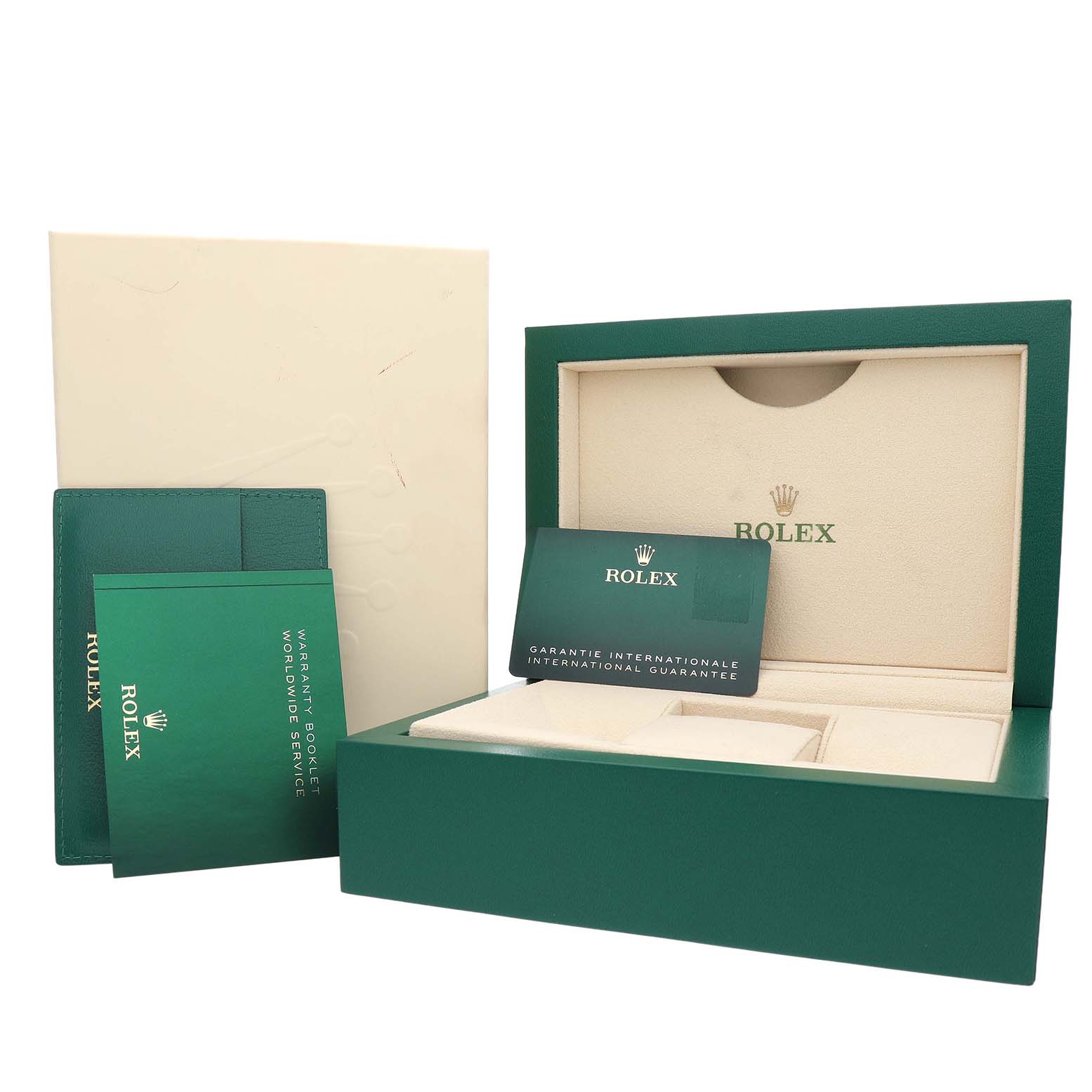 The image shows the Rolex Sky-Dweller 326934 Men's Stainless Steel Silver Dial packaging, including the green watch box, warranty booklet, and international guarantee card.