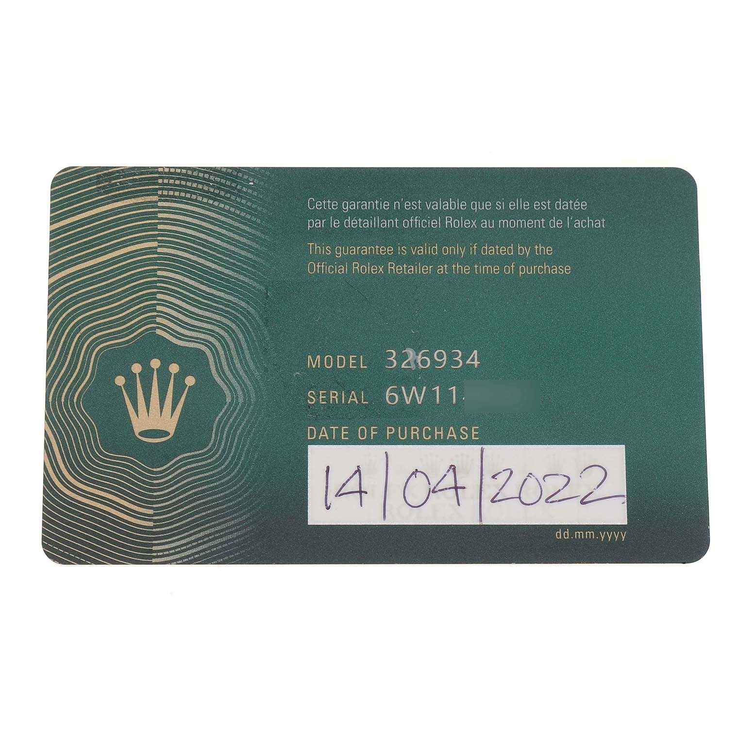 The image shows a warranty card for the Rolex Sky-Dweller 326934 Men's Stainless Steel Silver Dial, displaying model and serial numbers, and the purchase date.