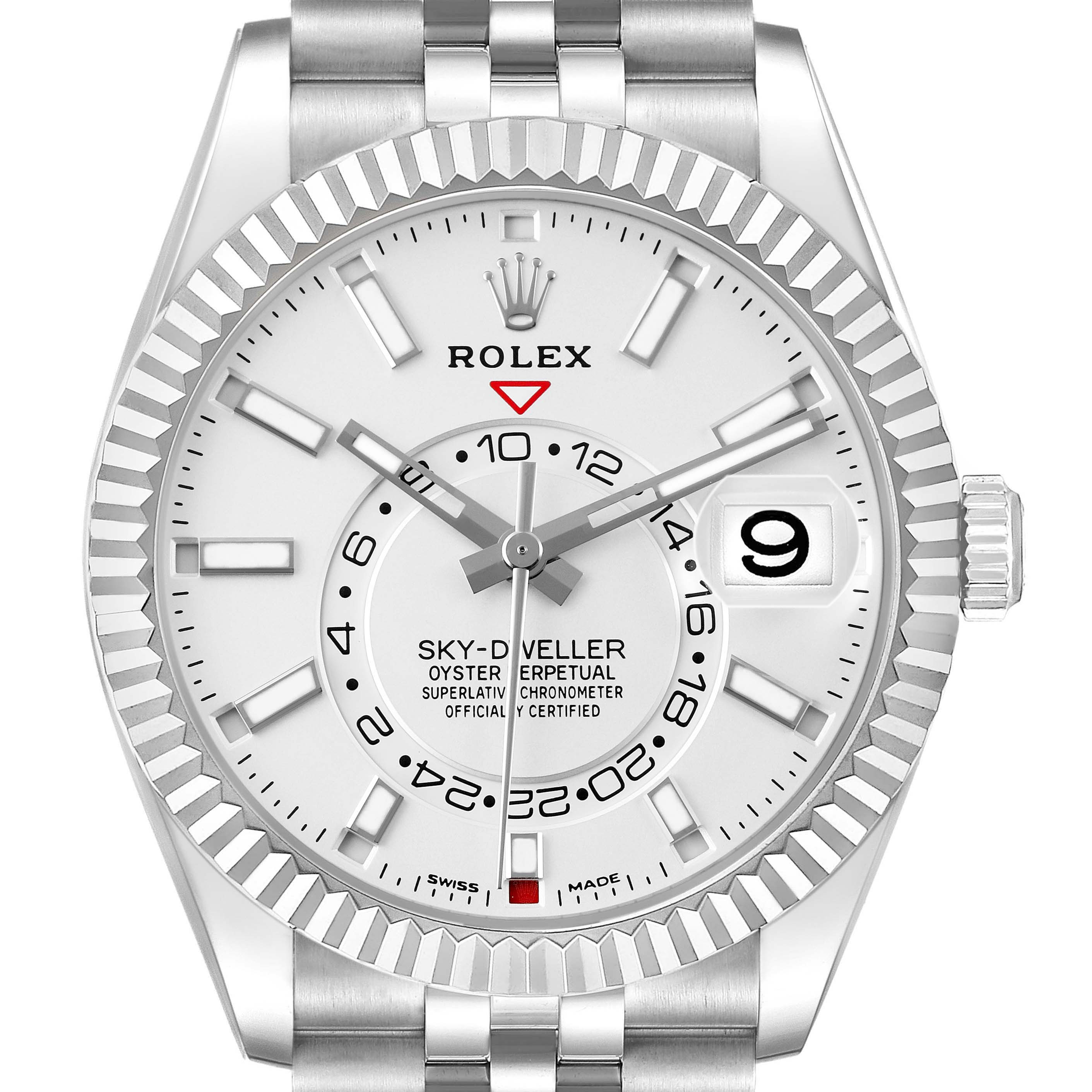 The Rolex Sky-Dweller 326934 Men's Stainless Steel Silver Dial watch is shown face-on, highlighting the dial, bezel, crown, and part of the bracelet.