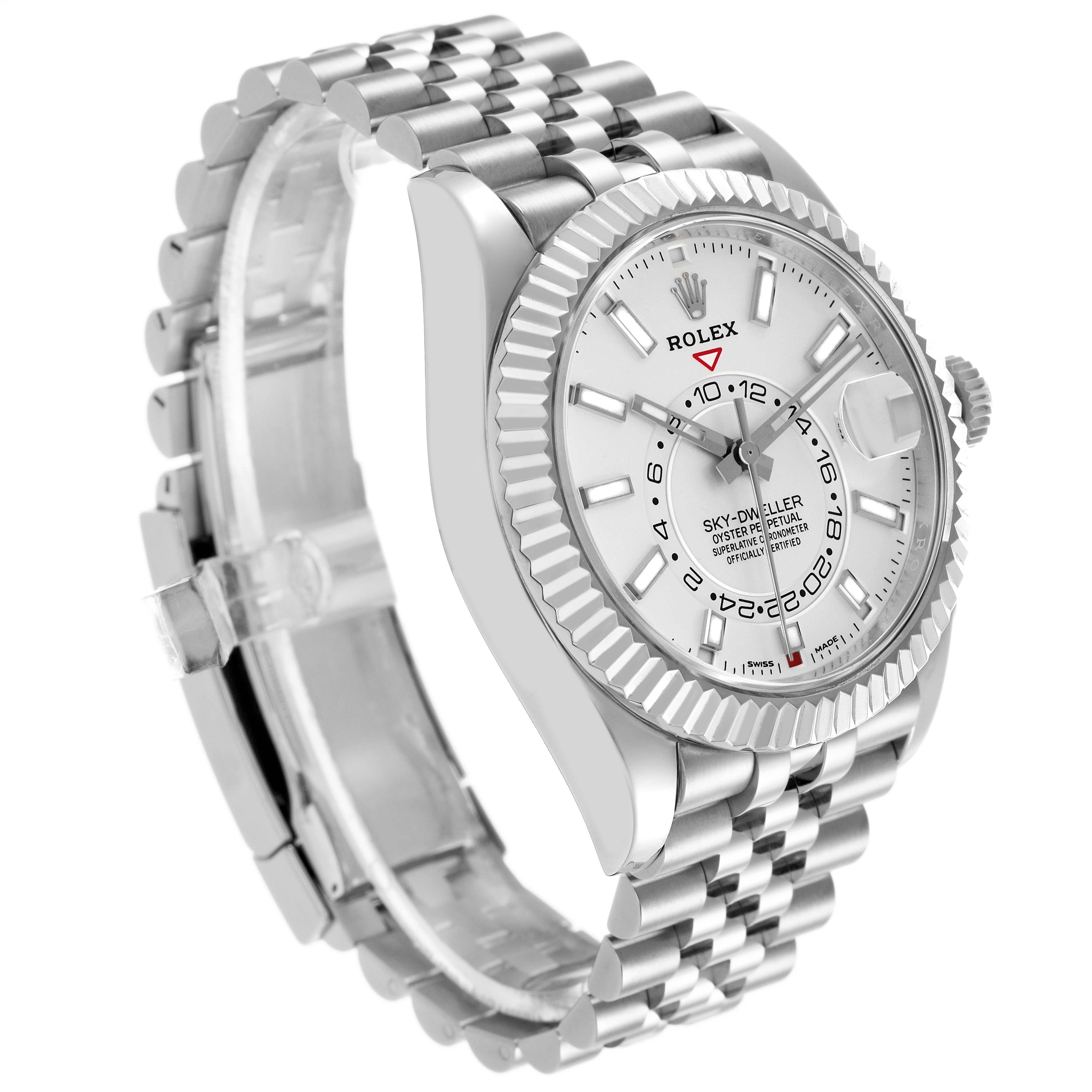The Rolex Sky-Dweller 326934 Men's Stainless Steel Silver Dial watch is shown in a slight angled side view, highlighting the face, bezel, bracelet, and crown.