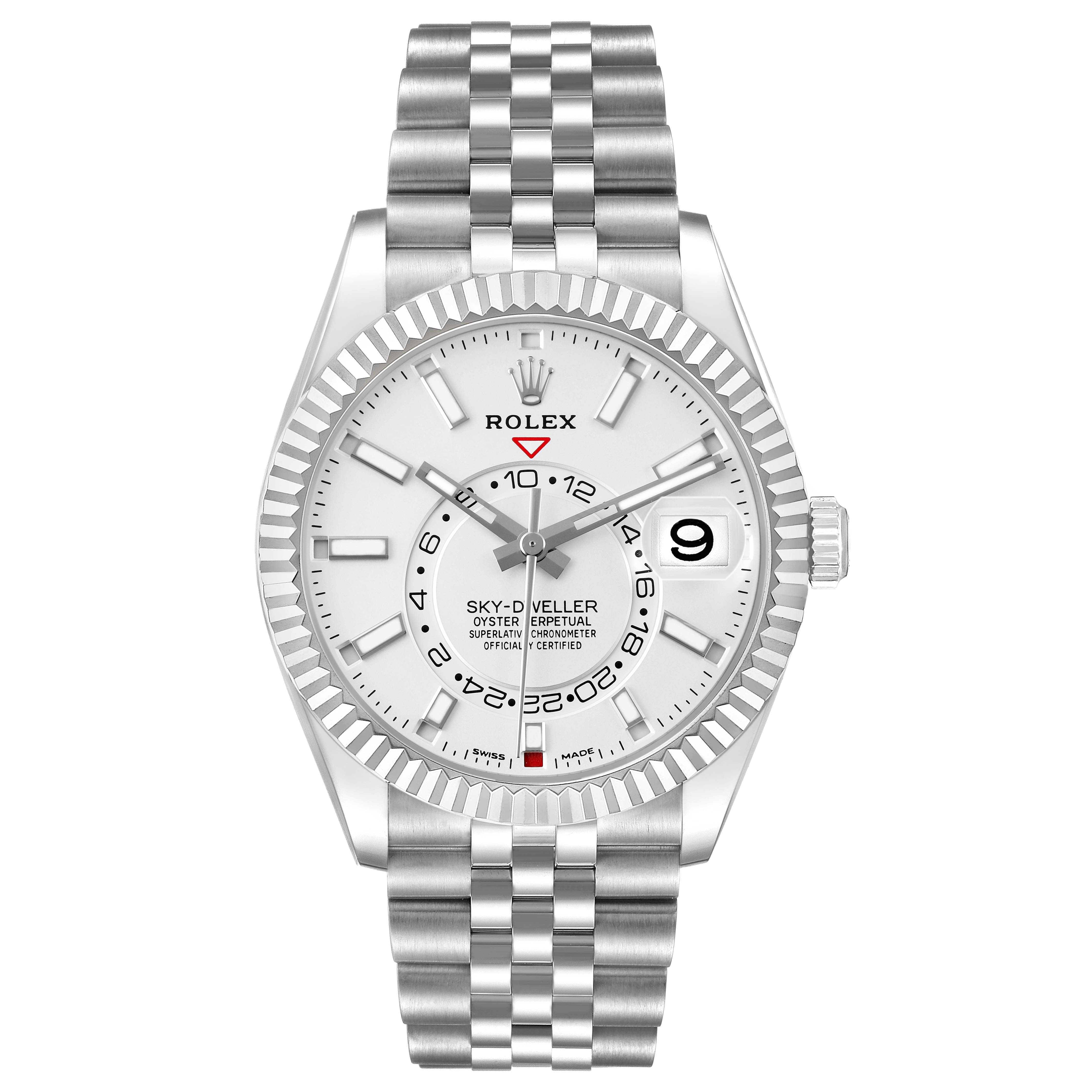 The Rolex Sky-Dweller 326934 Men's Stainless Steel Silver Dial watch is shown from a front view displaying the face, bezel, and bracelet.