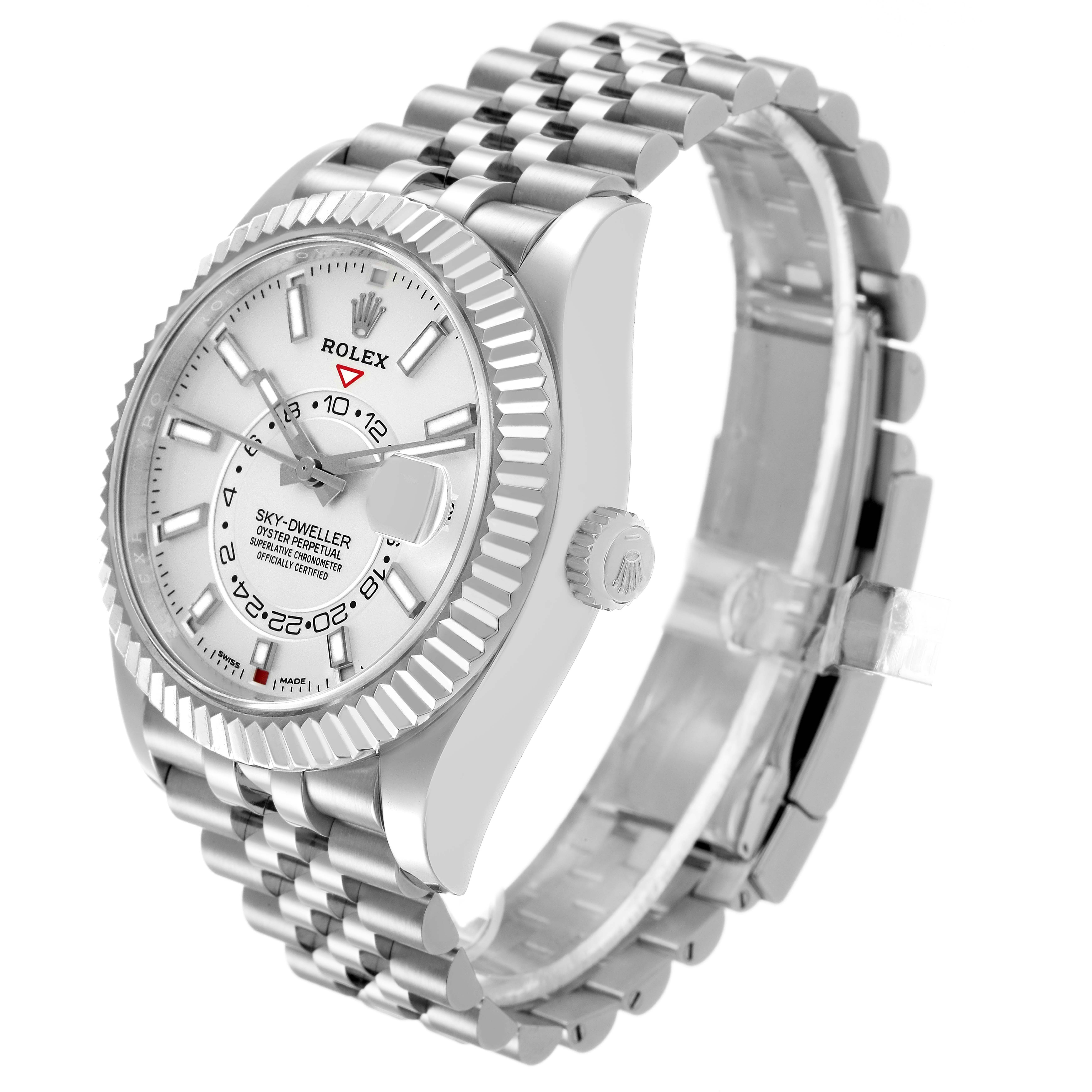 The Rolex Sky-Dweller 326934 Men's Stainless Steel Silver Dial watch is shown from an angled side view, highlighting the face, bezel, crown, and bracelet.