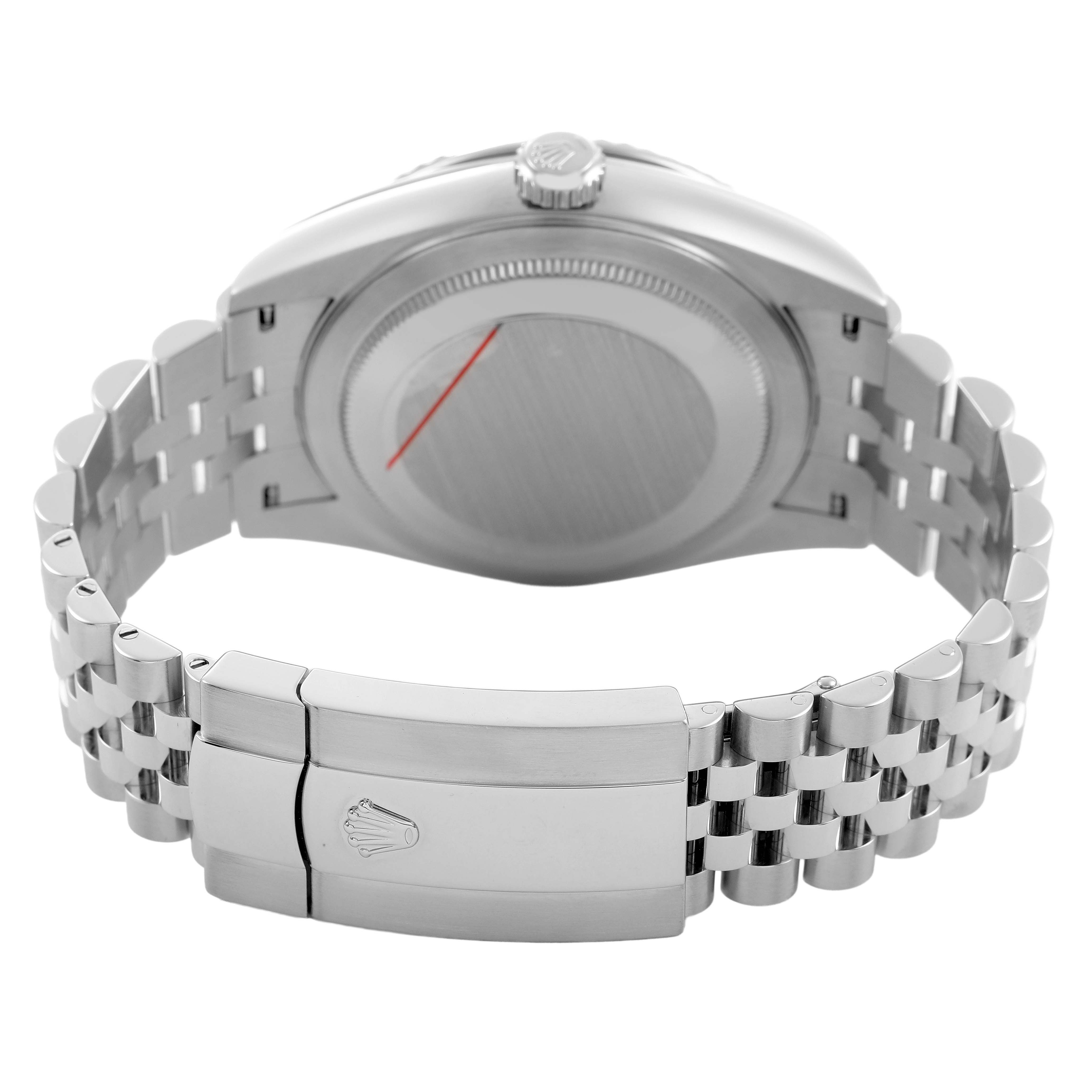 The photo shows the back of a Rolex Sky-Dweller 326934 Men's Stainless Steel Silver Dial watch, highlighting the case back, crown, and bracelet clasp with the Rolex logo.