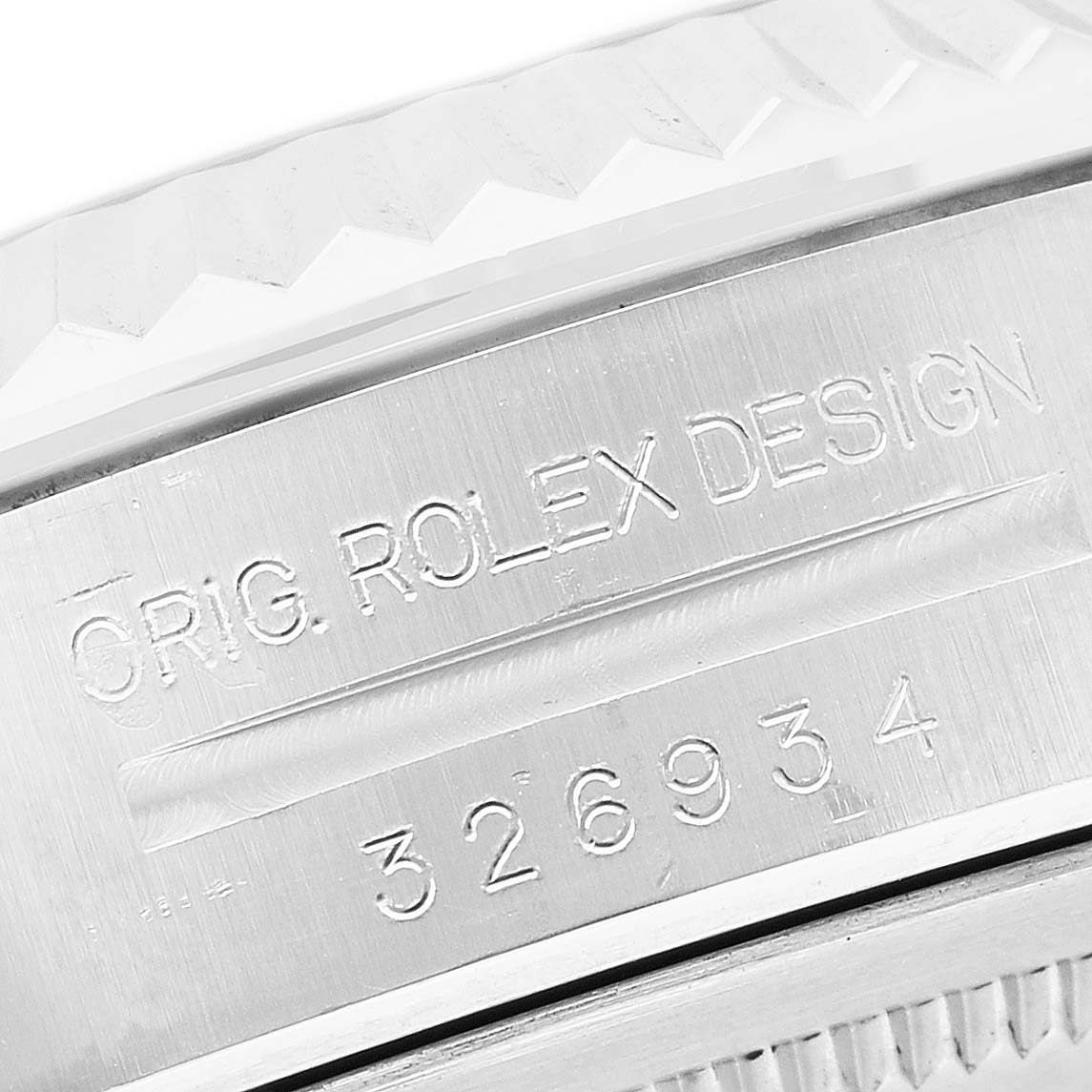 The image shows an engraved side view of the Rolex Sky-Dweller 326934 Men's Stainless Steel Silver Dial, highlighting the case design and model number.