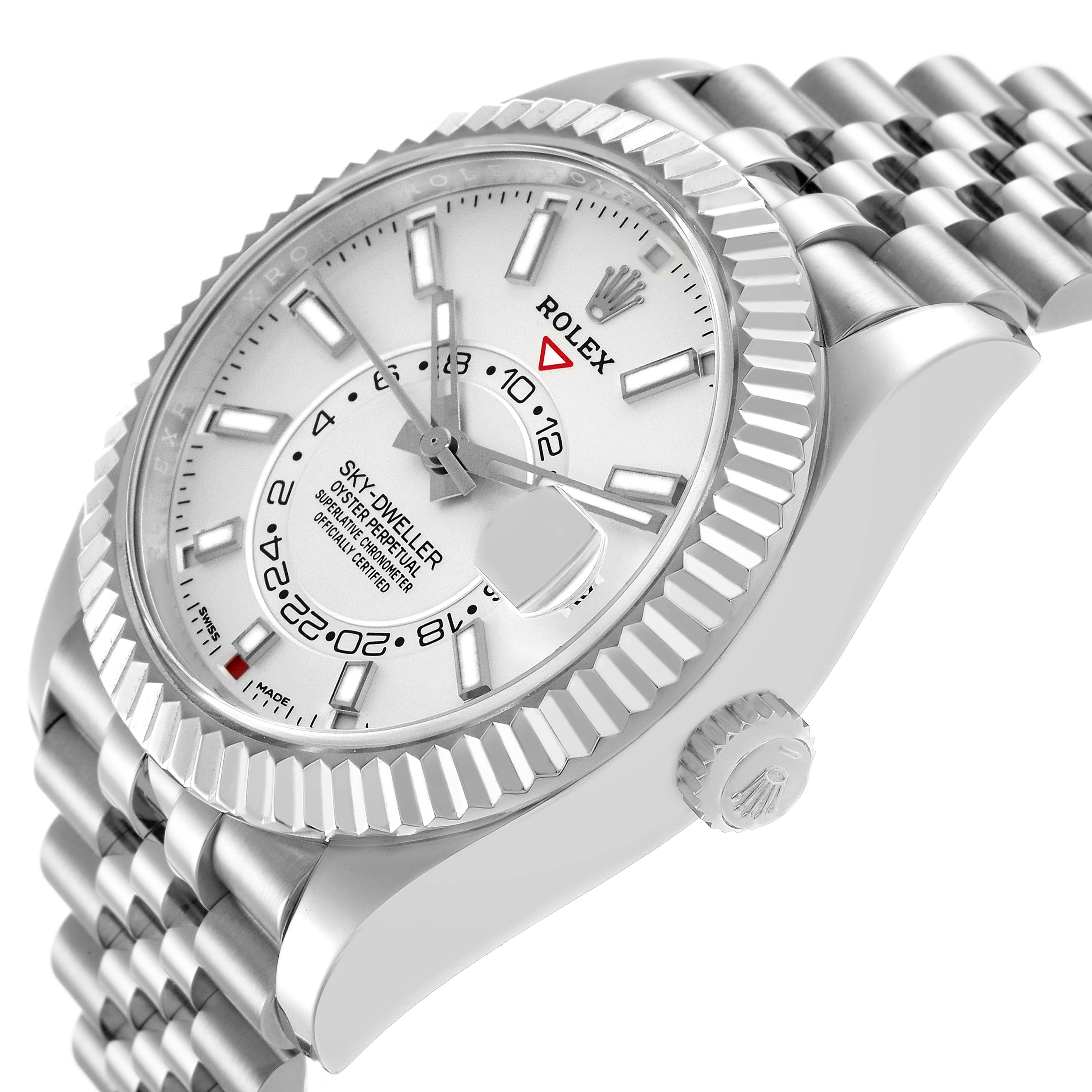 The Rolex Sky-Dweller 326934 Men's Stainless Steel Silver Dial watch is shown from a side angle, highlighting the dial, bezel, crown, and parts of the bracelet.
