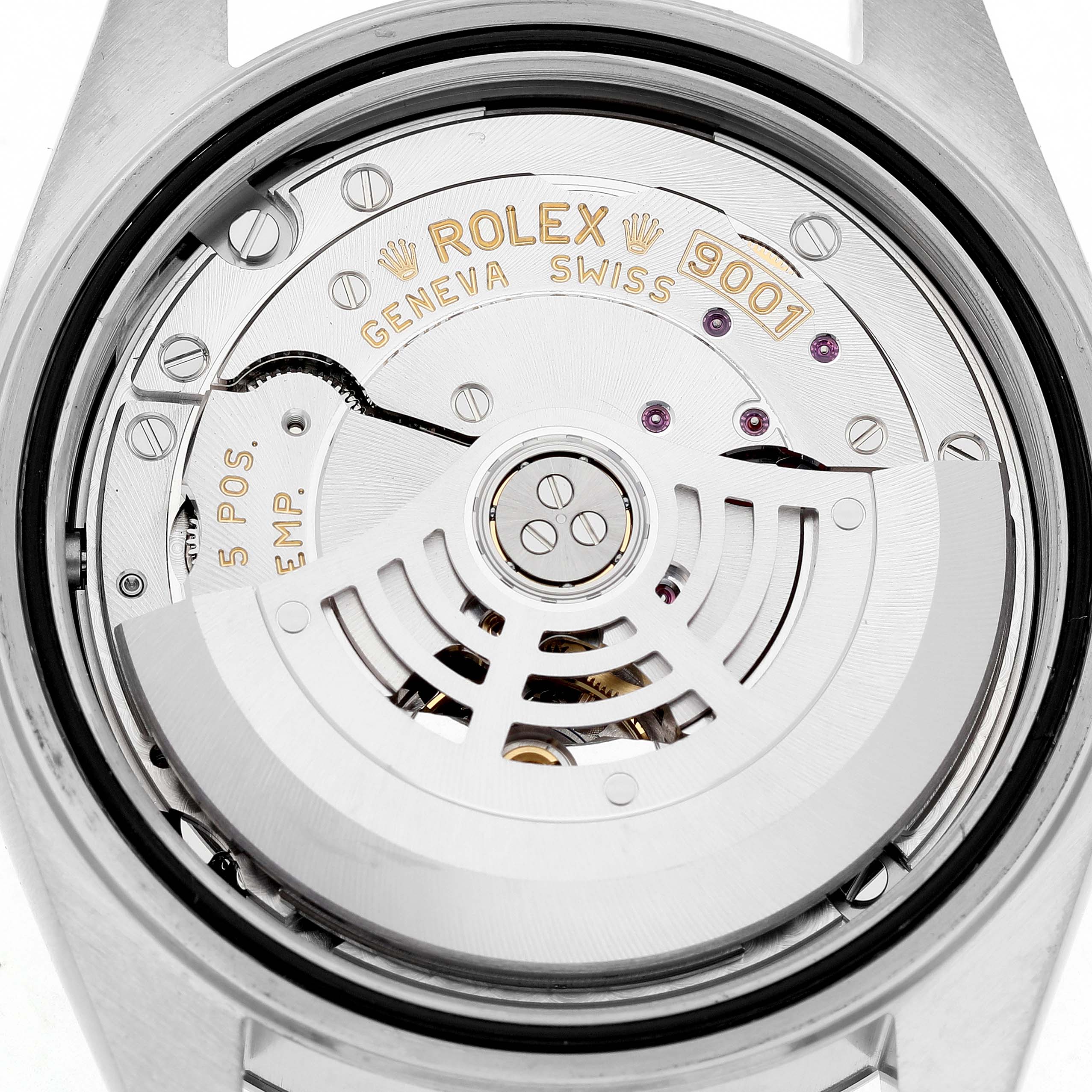 The image shows the back view of a Rolex Sky-Dweller 326934 Men's Stainless Steel Silver Dial, highlighting its intricate movement and rotor.