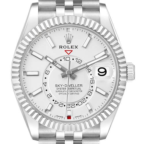 The Rolex Sky-Dweller 326934 Men's Stainless Steel Silver Dial is shown from the front, highlighting the dial, bezel, and part of the bracelet.