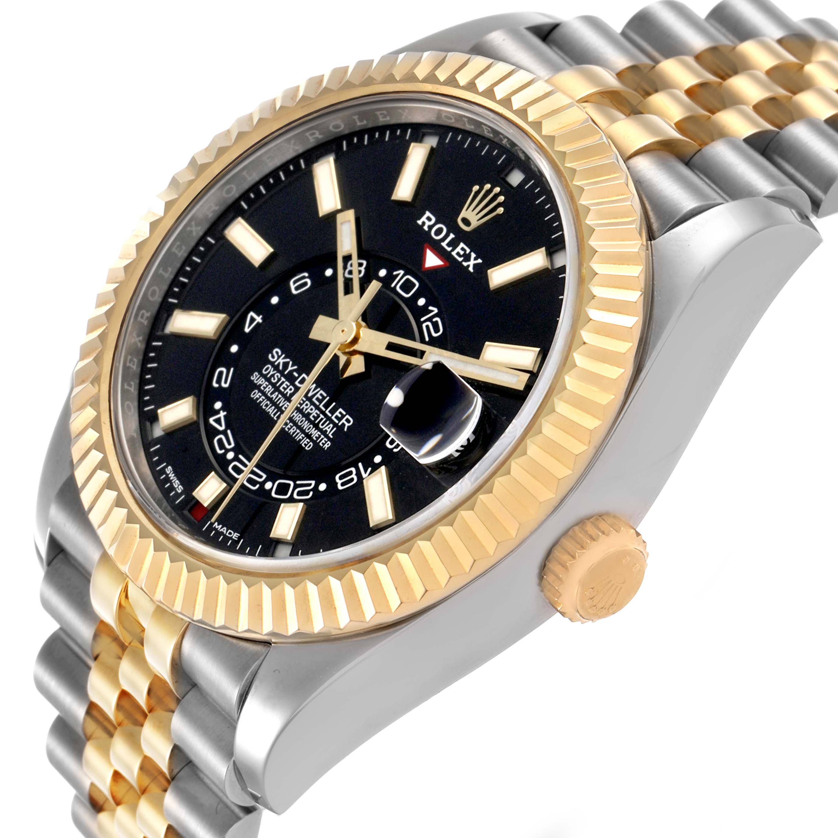 The Rolex Sky-Dweller 326933 Men's Steel and Gold (two tone) Black Dial is shown at a slight angle, highlighting the bezel, crown, and part of the bracelet.