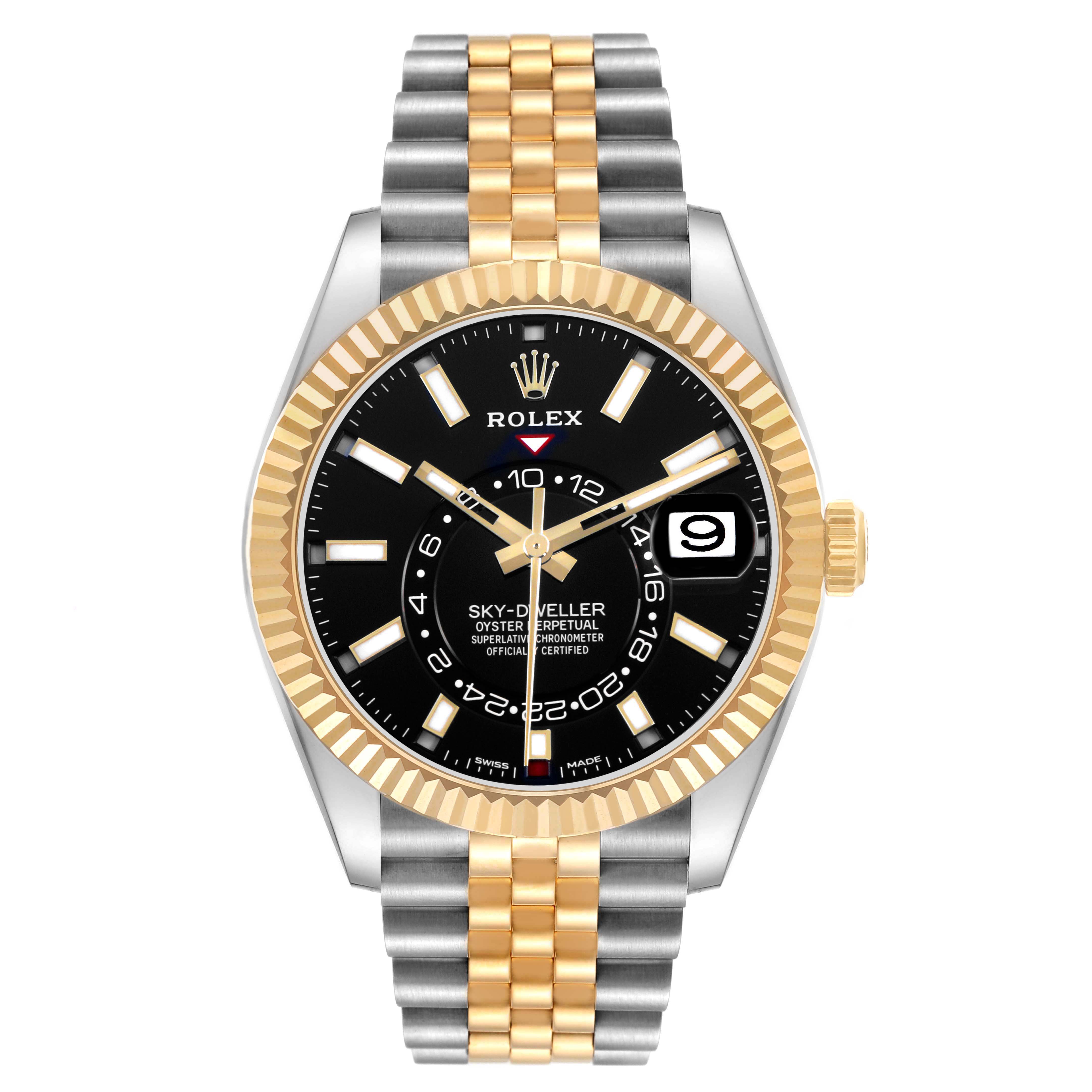 The Rolex Sky-Dweller 326933 Men's Steel and Gold (two tone) Black Dial watch is shown from the front, highlighting its black dial, gold and silver bracelet, and fluted bezel.