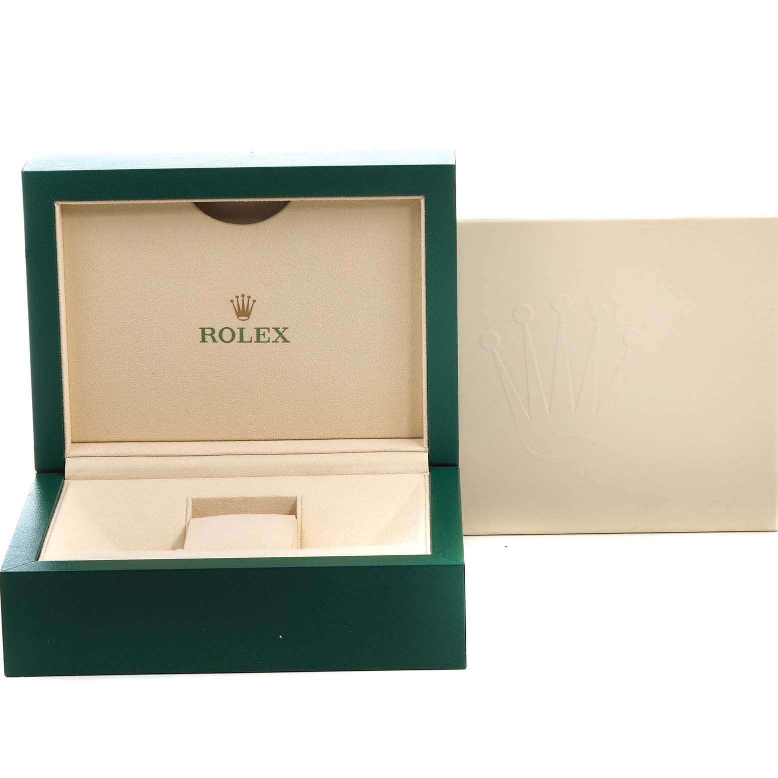 The image shows an open Rolex Sky-Dweller 326933 Men's Steel and Gold (two tone) Black Dial watch box from a front angle, revealing its interior.