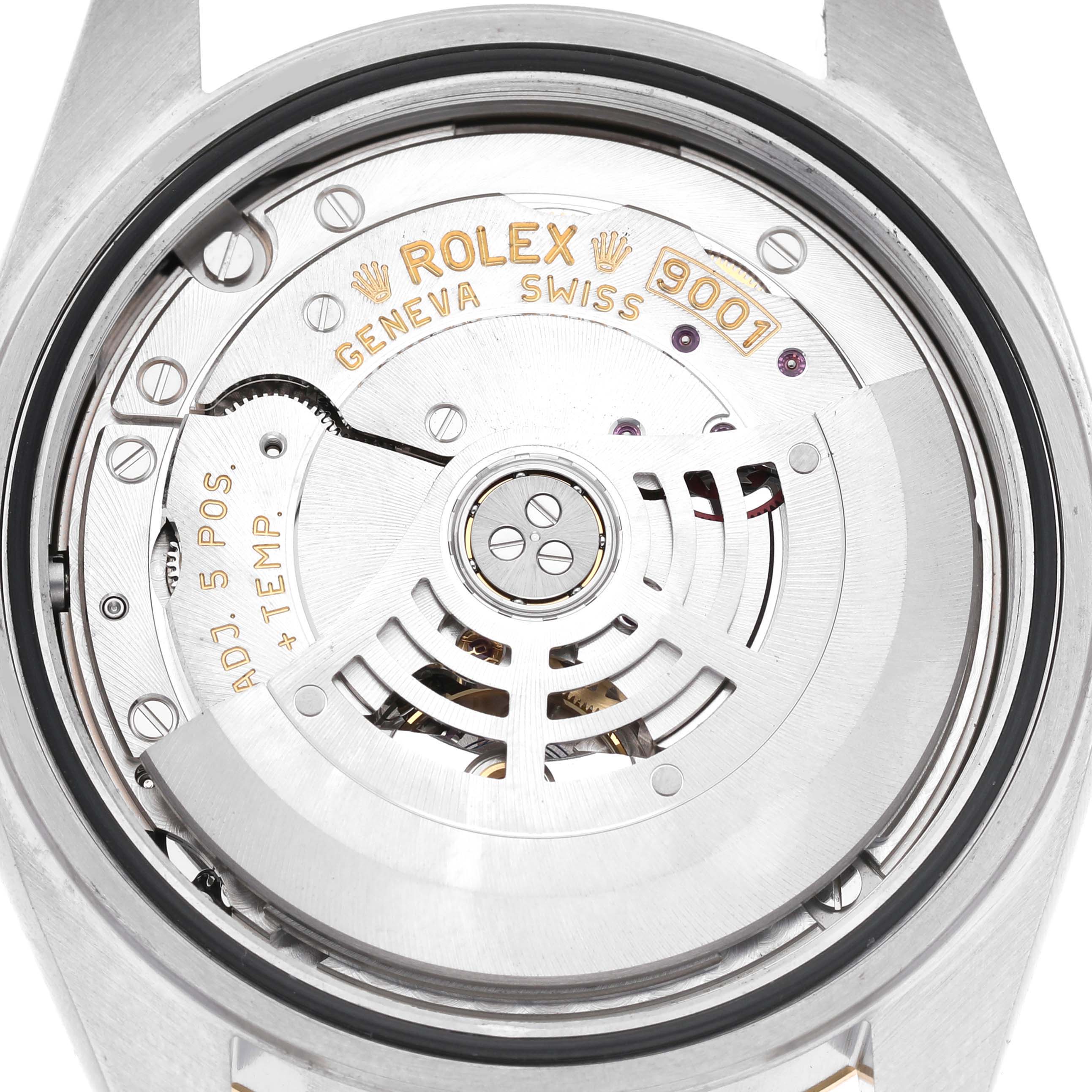 The image shows the back view of a Rolex Sky-Dweller 326933 Men's Steel and Gold (two tone) Black Dial, displaying its movement and inner mechanisms.