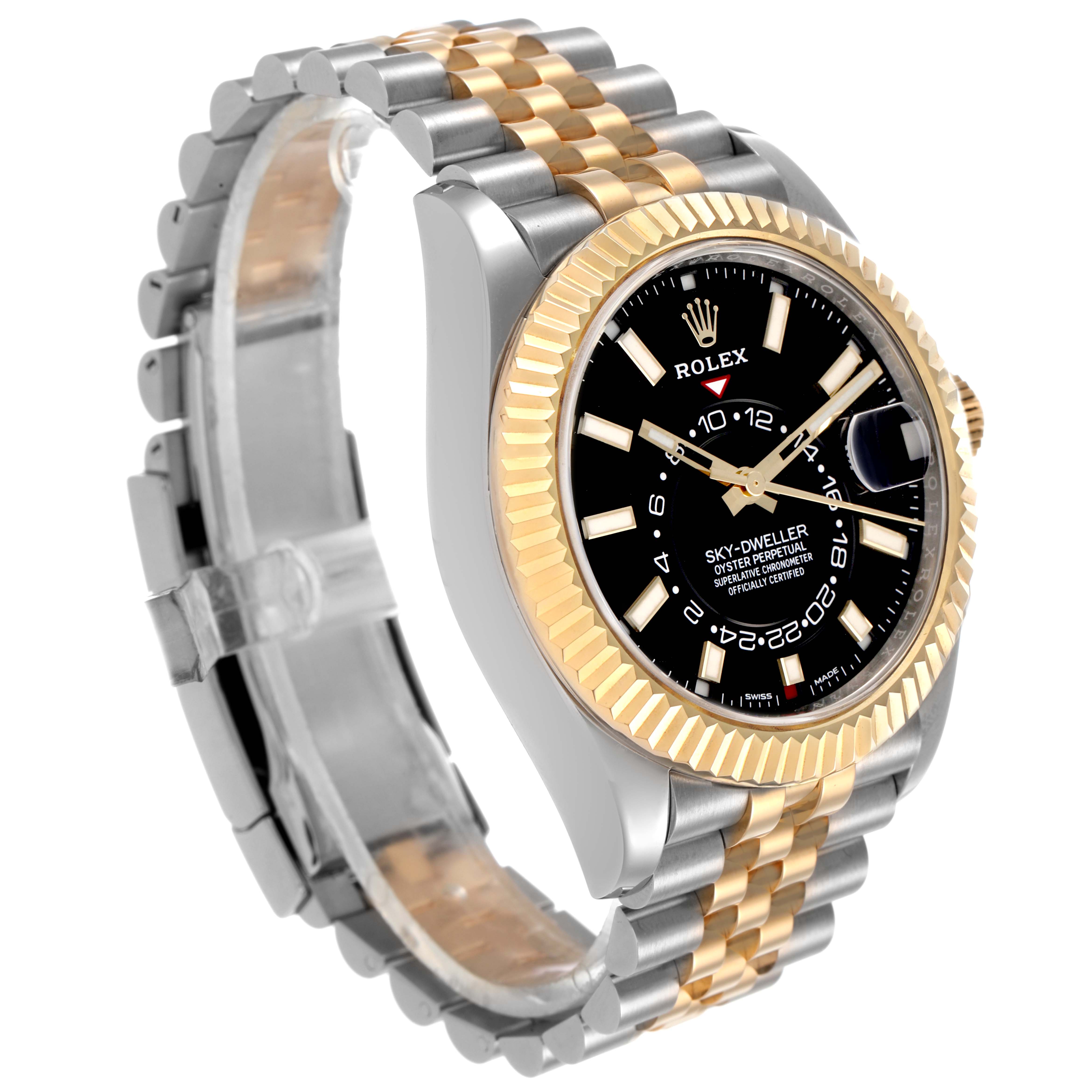 The Rolex Sky-Dweller 326933 Men's Steel and Gold (two tone) Black Dial is shown at a three-quarter angle, highlighting the bracelet, bezel, and black dial.