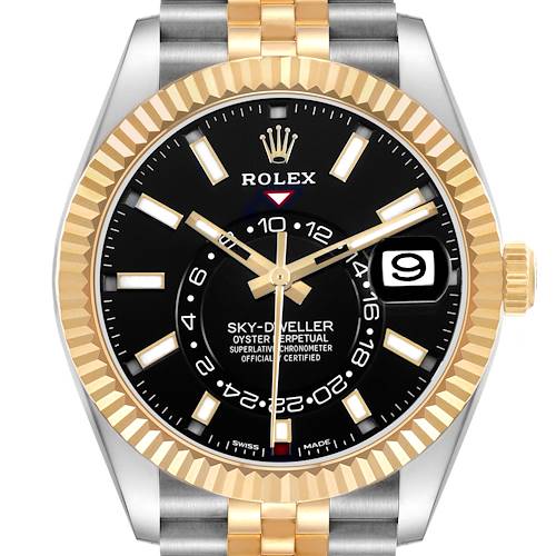 The Rolex Sky-Dweller 326933 Men's Steel and Gold (two tone) Black Dial watch is shown from the front, displaying the dial, bezel, hands, and bracelet.