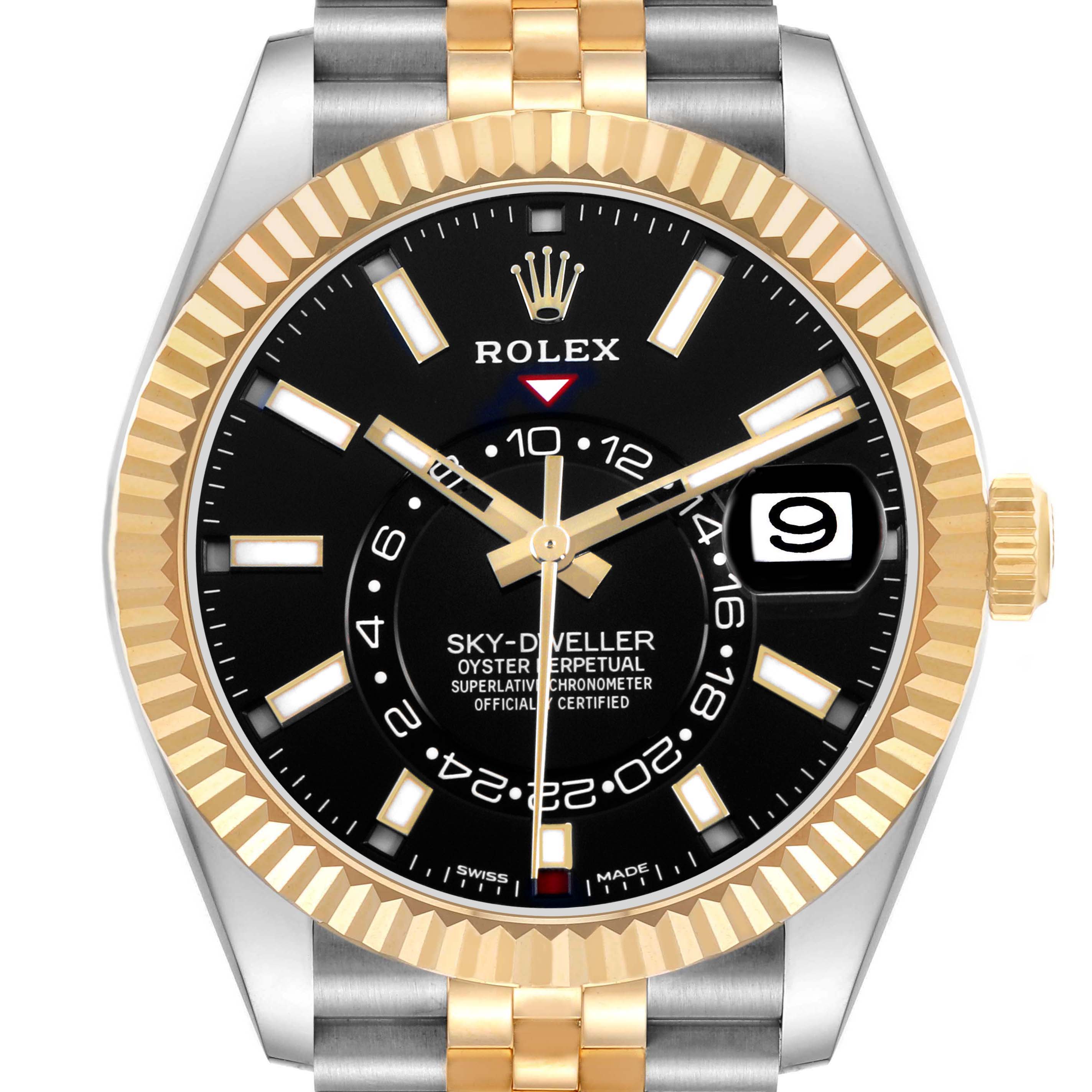The Rolex Sky-Dweller 326933 Men's Steel and Gold (two tone) Black Dial watch is shown from the front, highlighting its bezel, dial, hands, and date display.