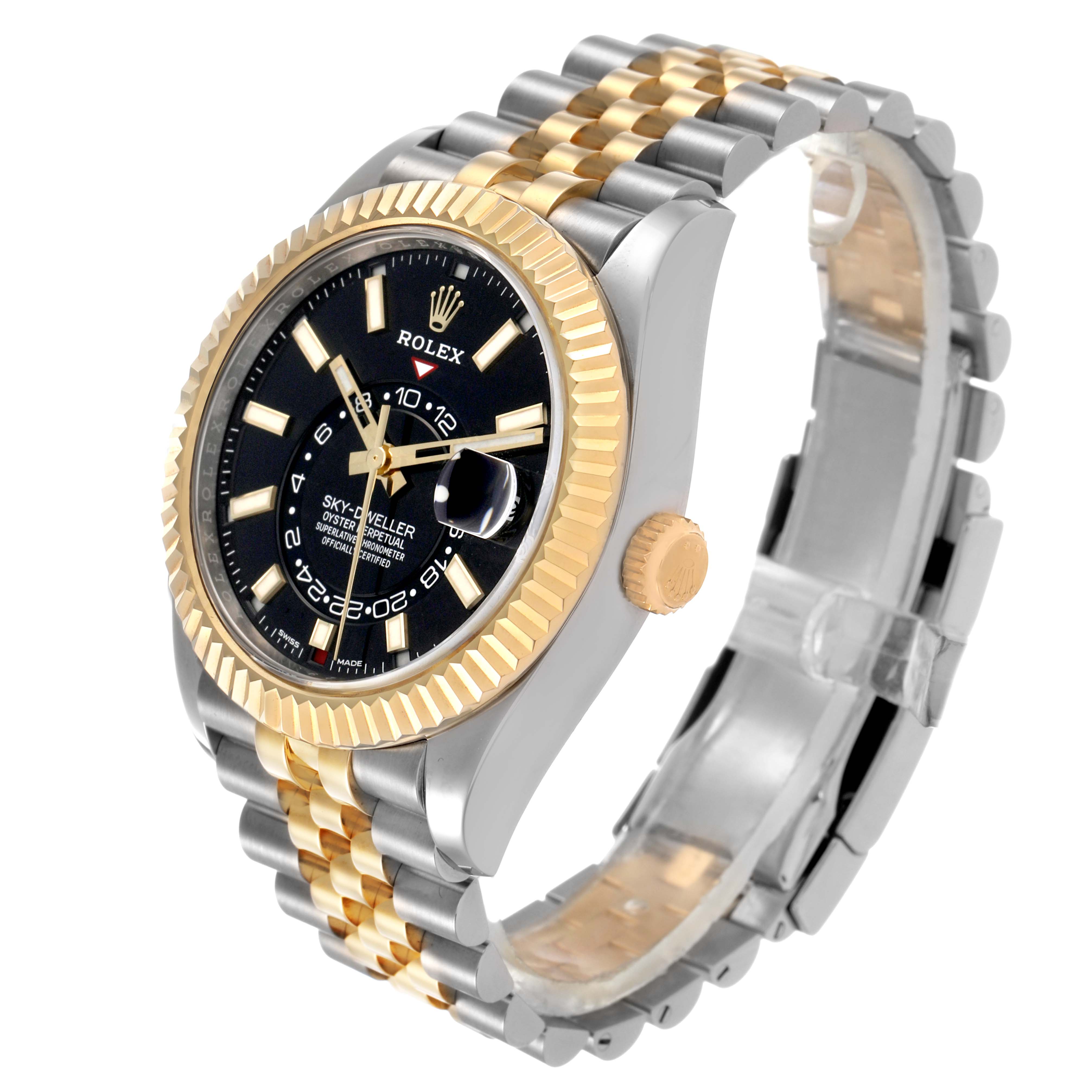 The Rolex Sky-Dweller 326933 Men's Steel and Gold (two tone) Black Dial watch is shown at a three-quarter angle, displaying the dial, crown, and two-tone bracelet.