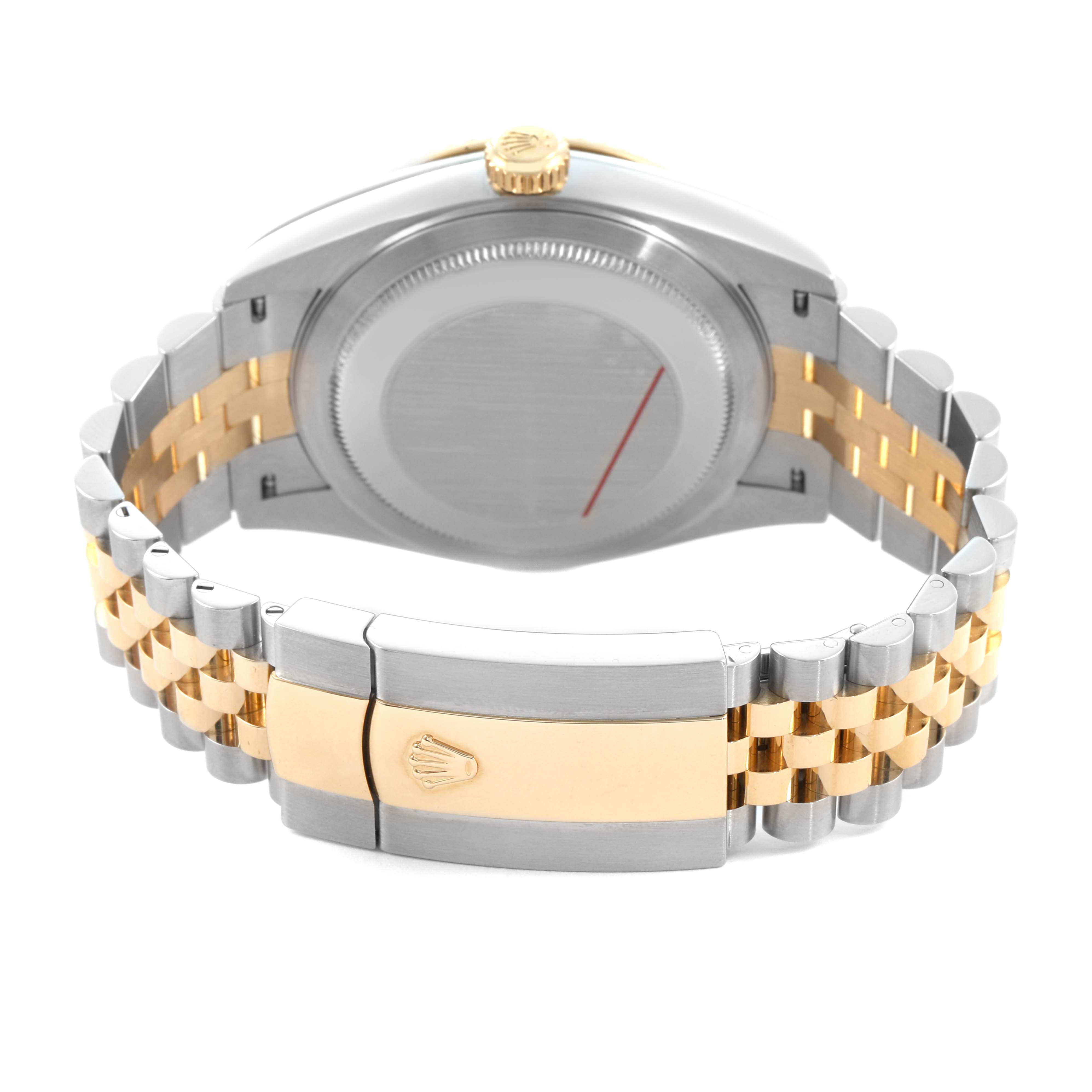 The image shows the back of a Rolex Sky-Dweller 326933 Men's Steel and Gold (two tone) Black Dial, highlighting the clasp and two-tone bracelet.