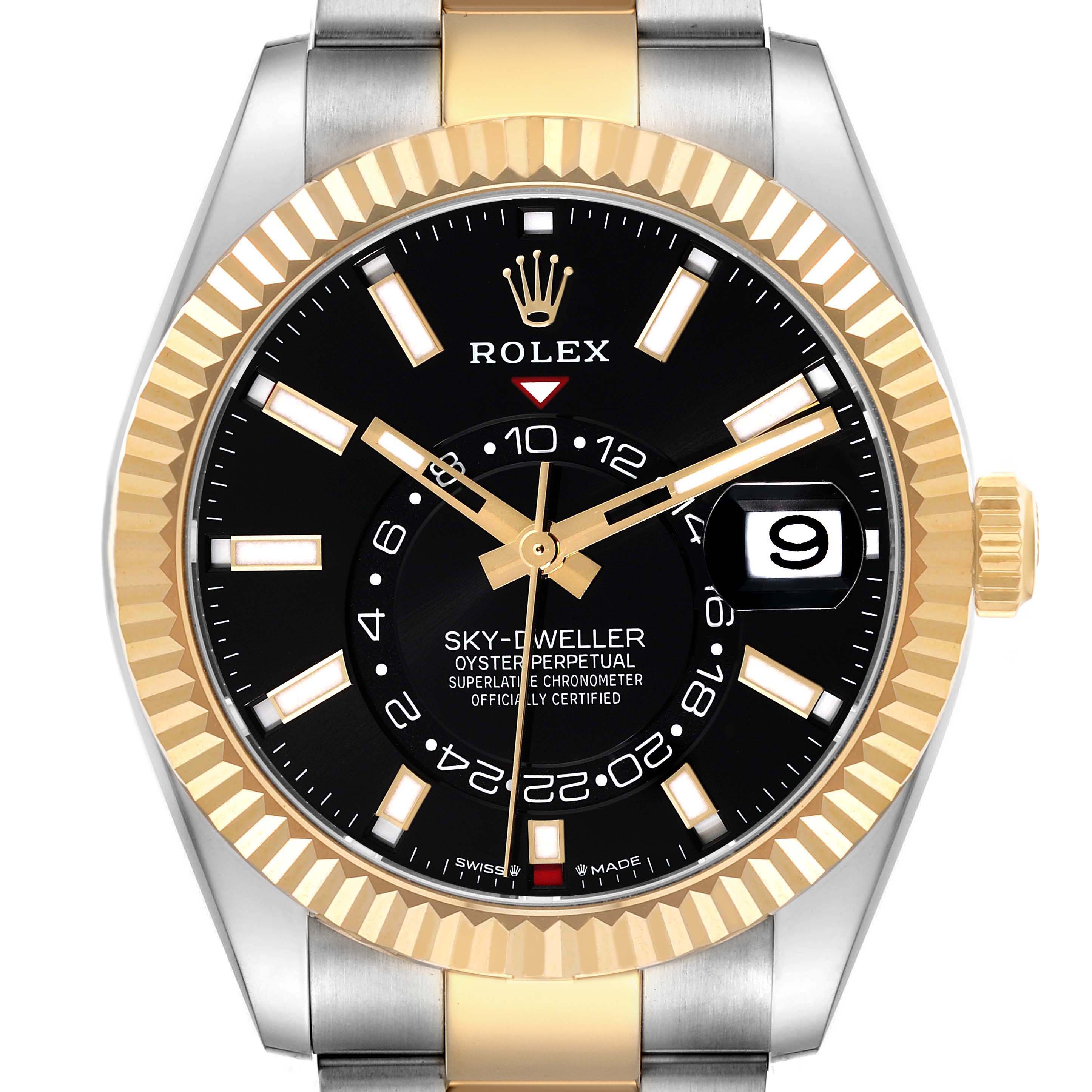 The Rolex Sky-Dweller 336933 Men's Steel and Gold (two tone) Black Dial watch is shown from the front, displaying its face, bezel, crown, and part of the bracelet.