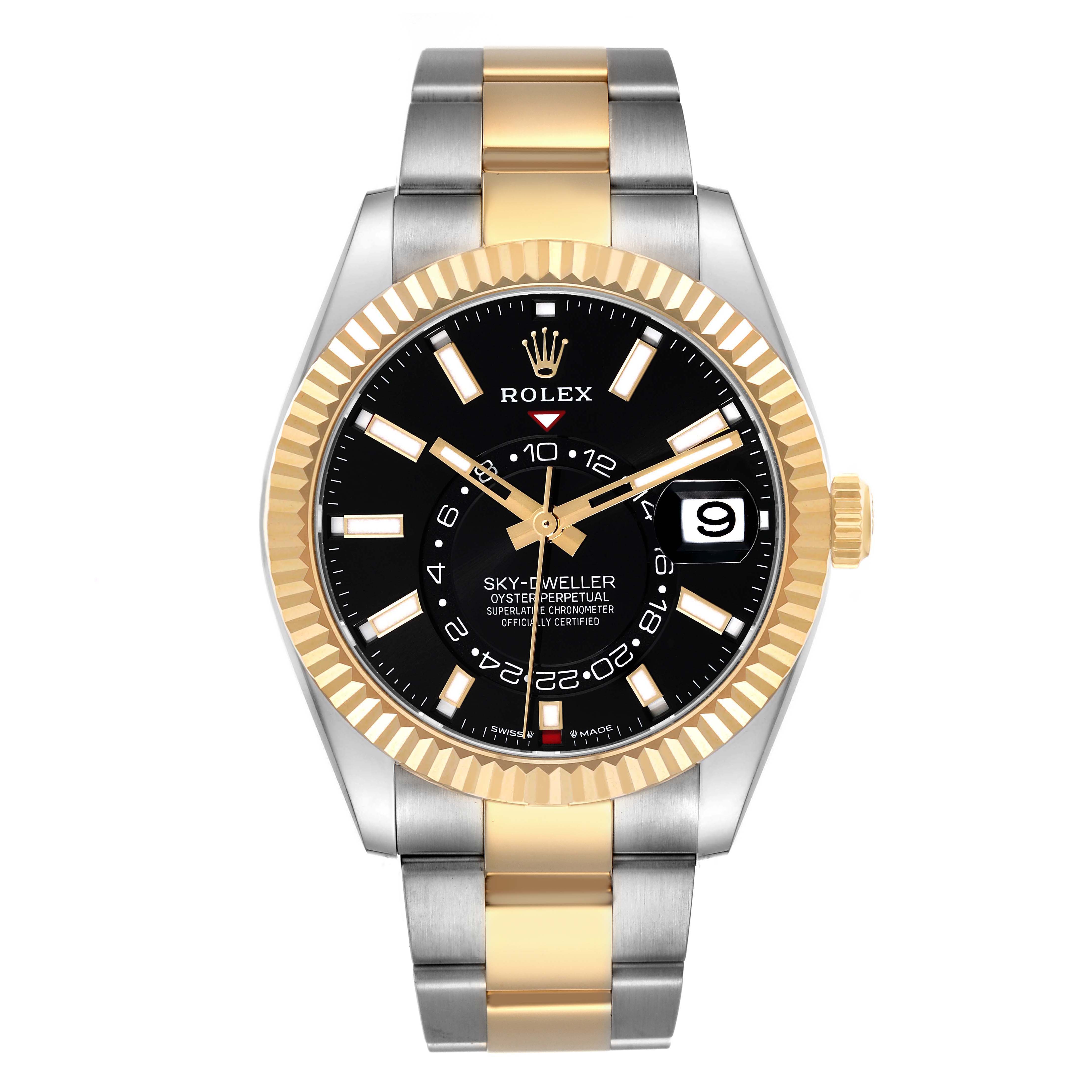 The Rolex Sky-Dweller 336933 Men's Steel and Gold (two tone) Black Dial watch is shown from the front, displaying its two-tone bracelet and black dial with gold accents.