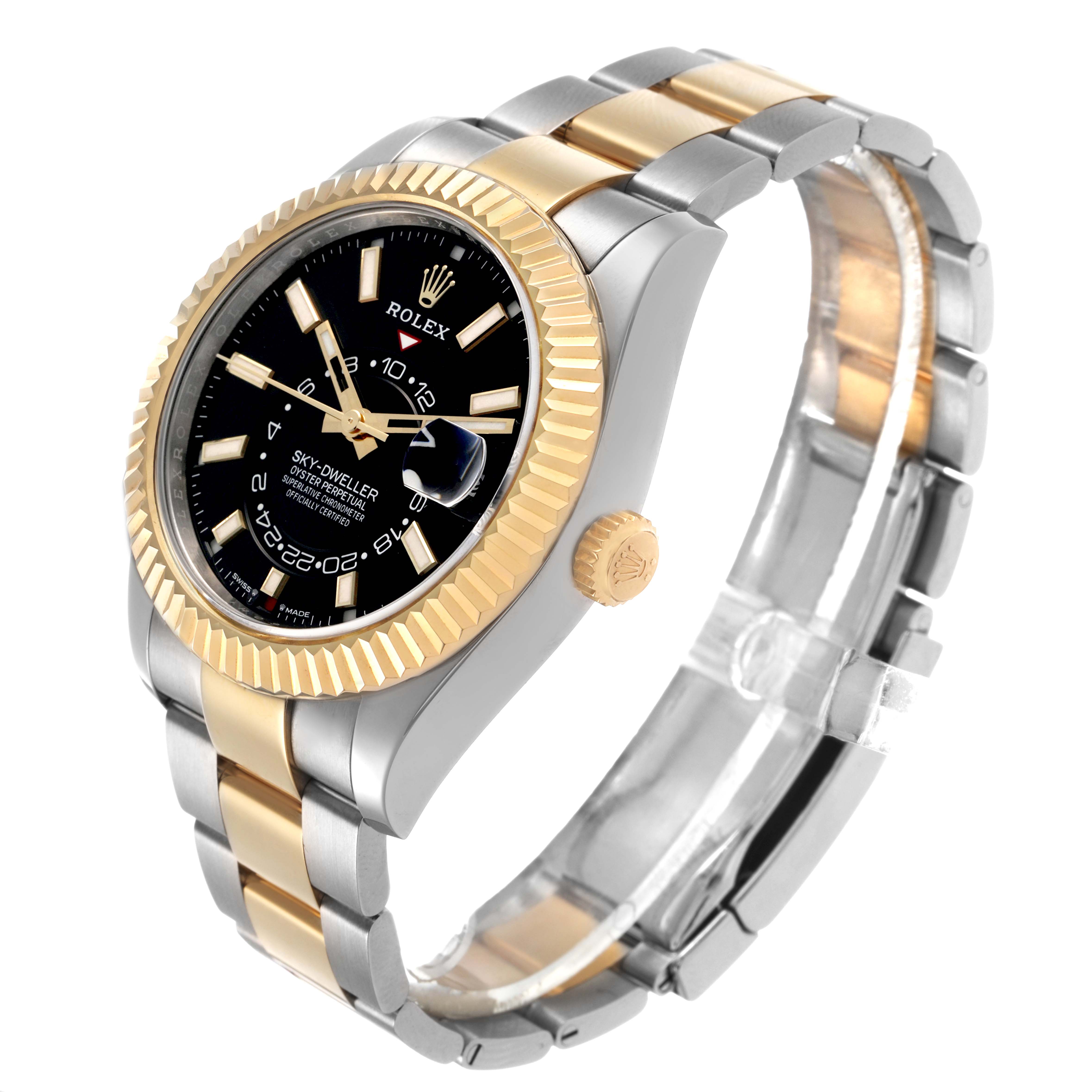 The Rolex Sky-Dweller 336933 Men's Steel and Gold (two tone) Black Dial is shown at a three-quarter view, displaying the bezel, dial, crown, and bracelet.