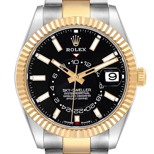 The image shows a front view of a Rolex Sky-Dweller 336933 Men's Steel and Gold (two tone) Black Dial watch, highlighting the bezel, dial, hands, and date display.