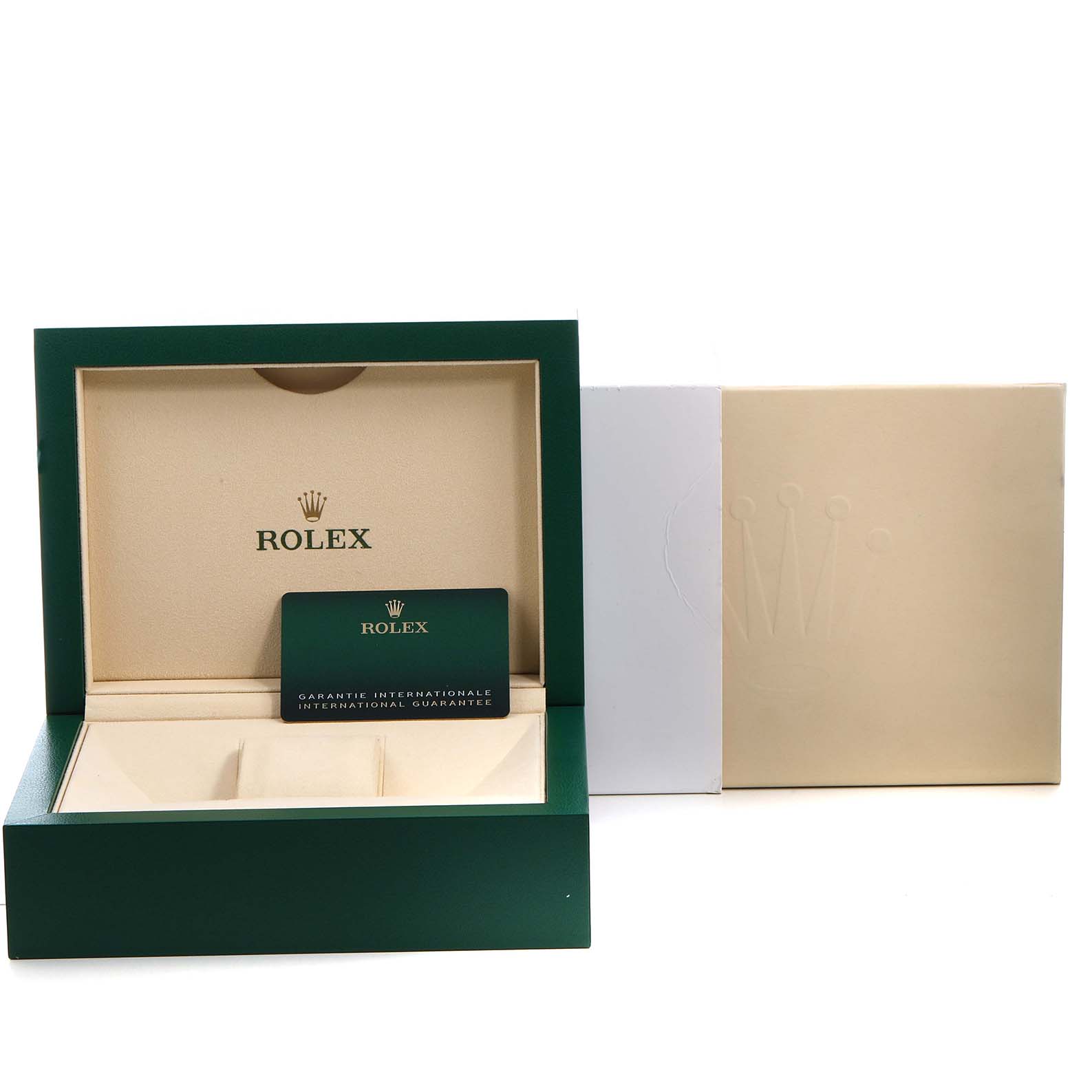 The image shows an open Rolex watch box and an international guarantee card for the Sky-Dweller model, without the watch.