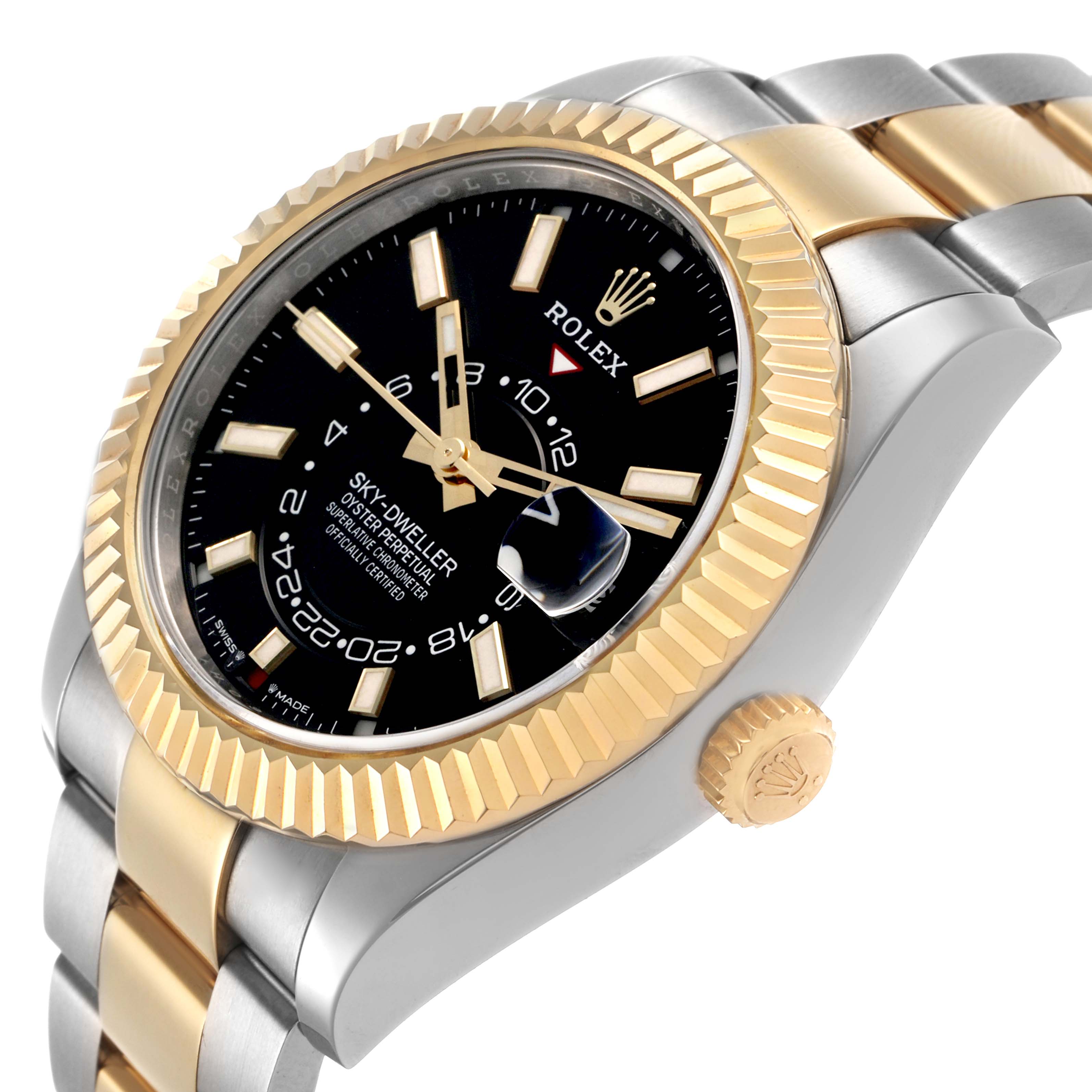 The Rolex Sky-Dweller 336933 Men's Steel and Gold (two tone) Black Dial watch is shown at an angle highlighting the dial, fluted bezel, bracelet, and crown.