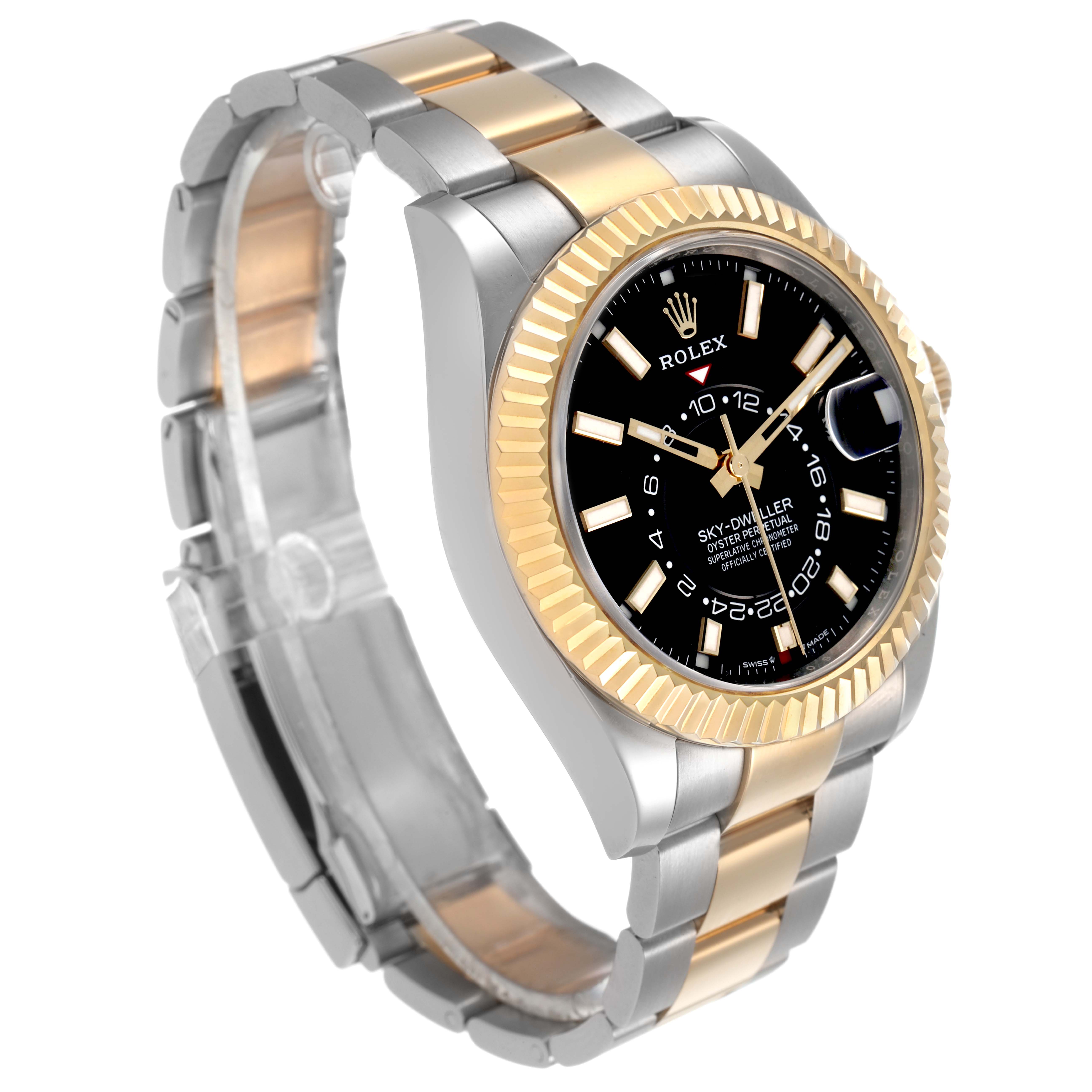 The Rolex Sky-Dweller 336933 Men's Steel and Gold (two tone) Black Dial watch is shown at a three-quarter angle, highlighting the face, bezel, and two-tone bracelet.