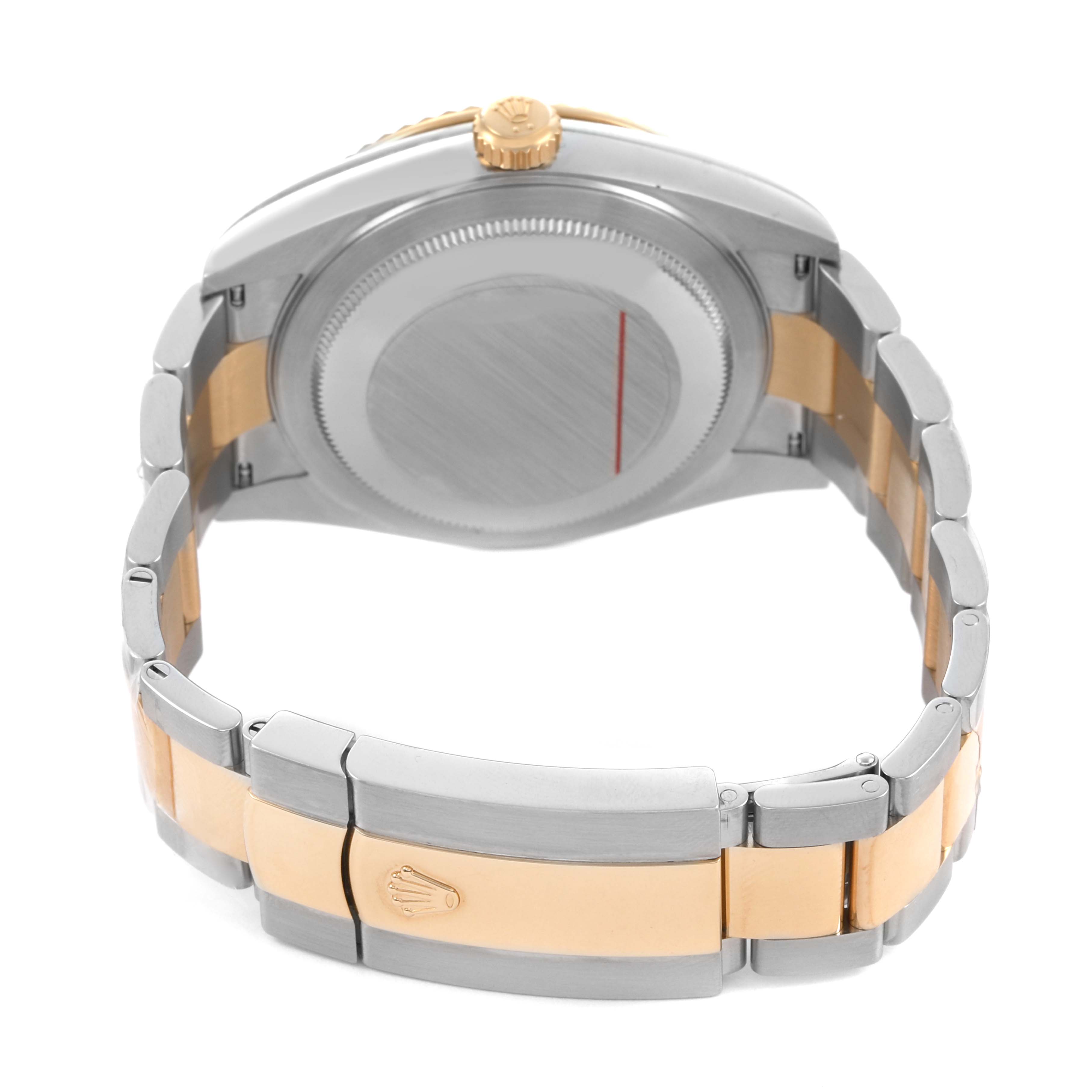 The Rolex Sky-Dweller 336933 Men's Steel and Gold (two tone) Black Dial watch is shown from the back, highlighting the case, crown, and two-tone bracelet.