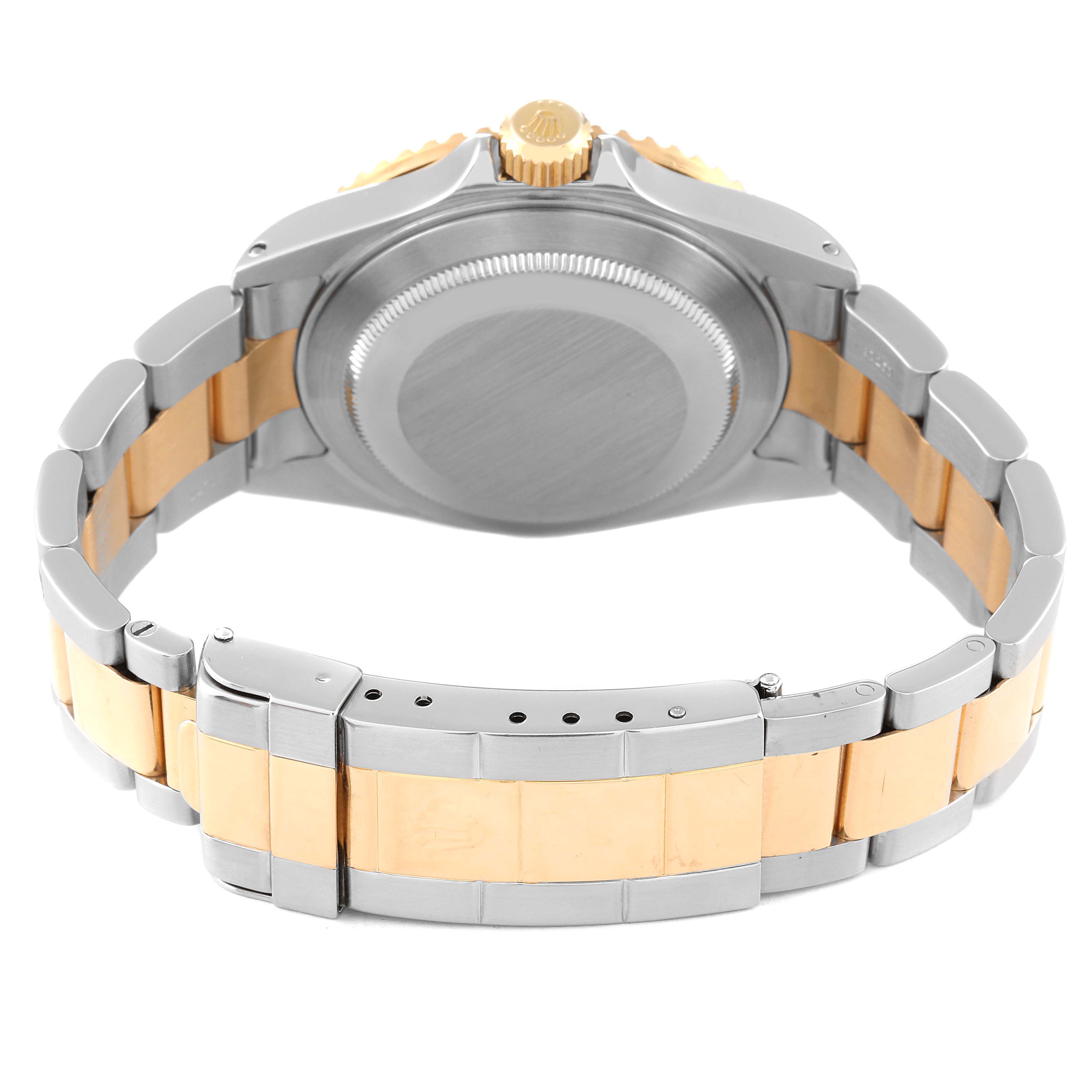 This image shows the back case and band of a Rolex Submariner 16613 Men's Steel and Gold (two tone) Blue Dial 16613 Men's Steel and Gold (two tone) Blue Dial watch from a rear angle.