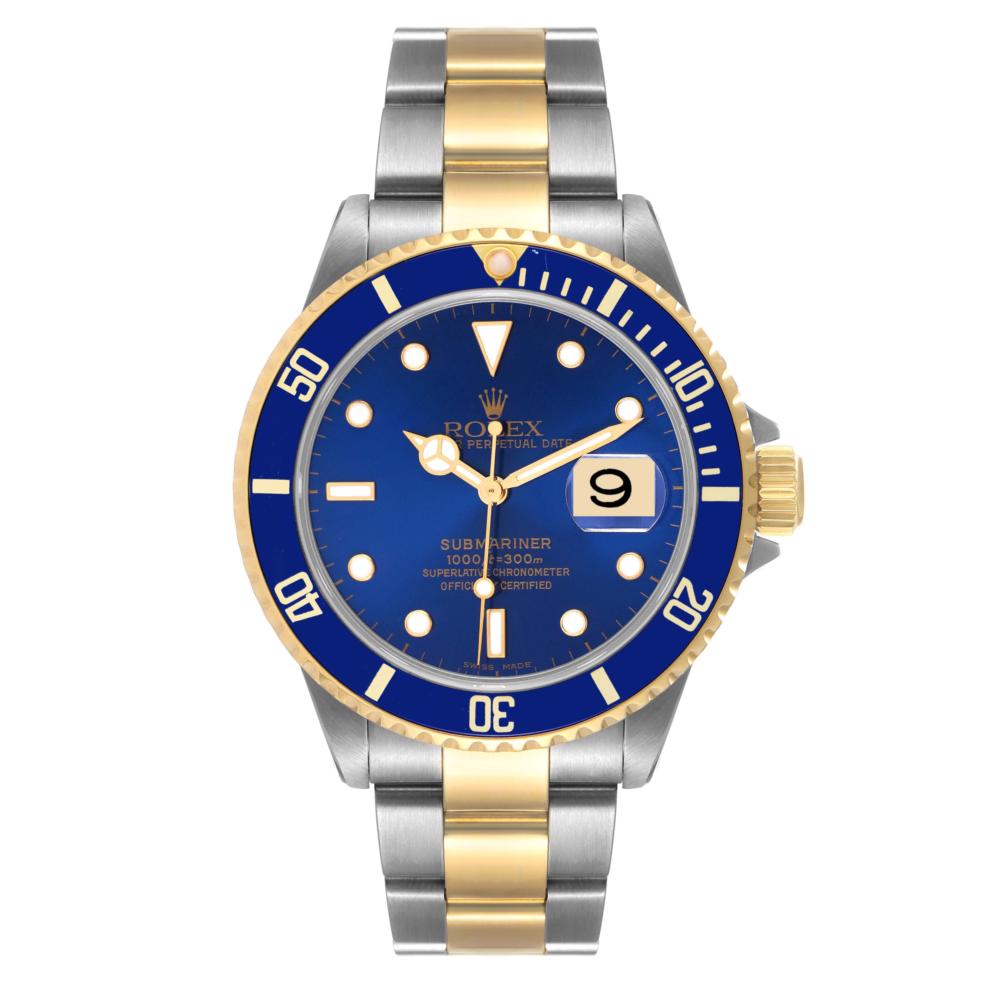 The image shows a front view of a Rolex Submariner 16613 Men's Steel and Gold (two tone) Blue Dial 16613 Men's Steel and Gold (two tone) Blue Dial watch with a blue dial and bi-metal bracelet.