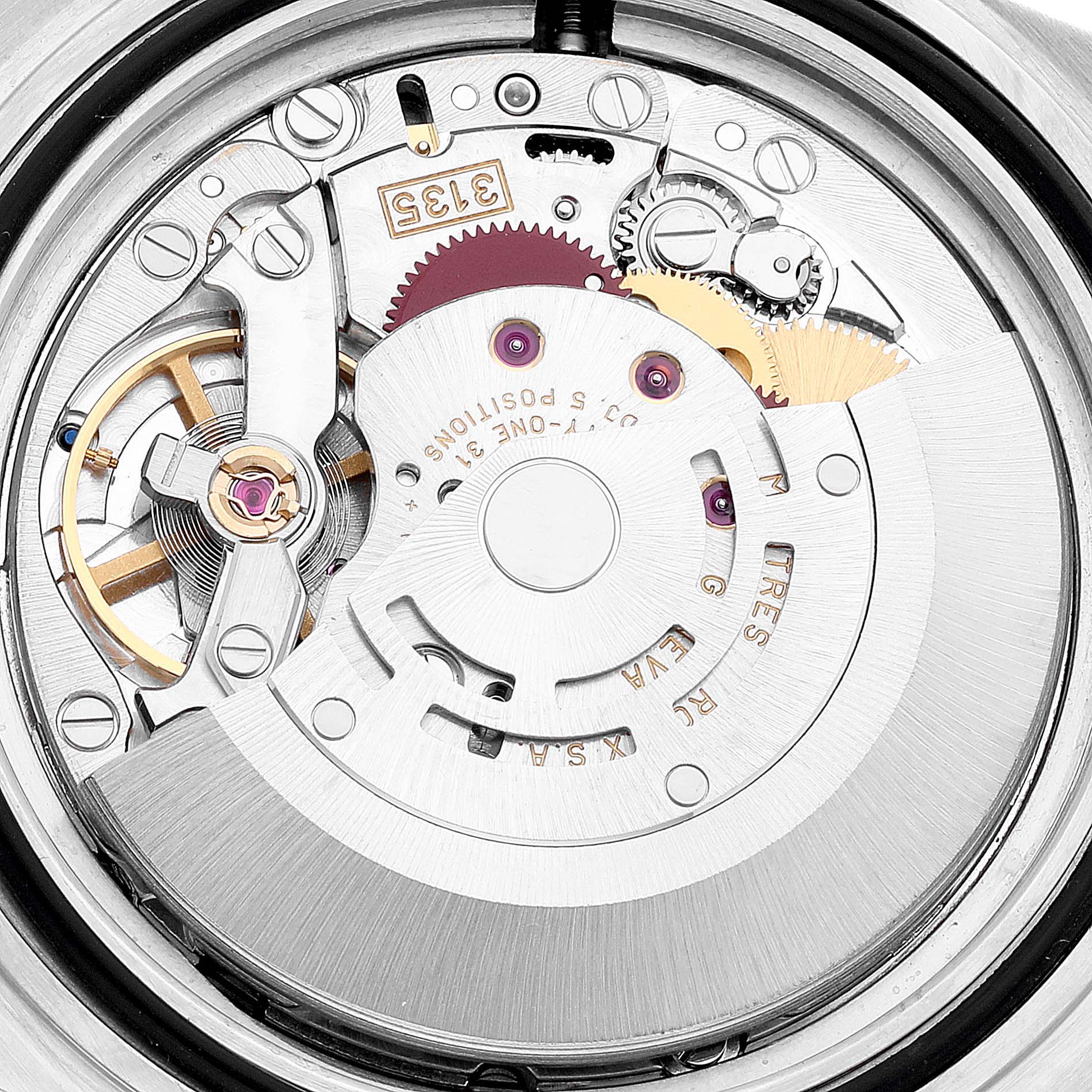 This image shows the intricately detailed movement mechanism of a Rolex Submariner 16613 Men's Steel and Gold (two tone) Blue Dial 16613 Men's Steel and Gold (two tone) Blue Dial watch from a top-down perspective.