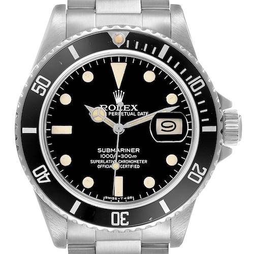 The image shows a front view of the Rolex Submariner 16800 Men's Stainless Steel Black Dial, highlighting its dial, bezel, and crown.