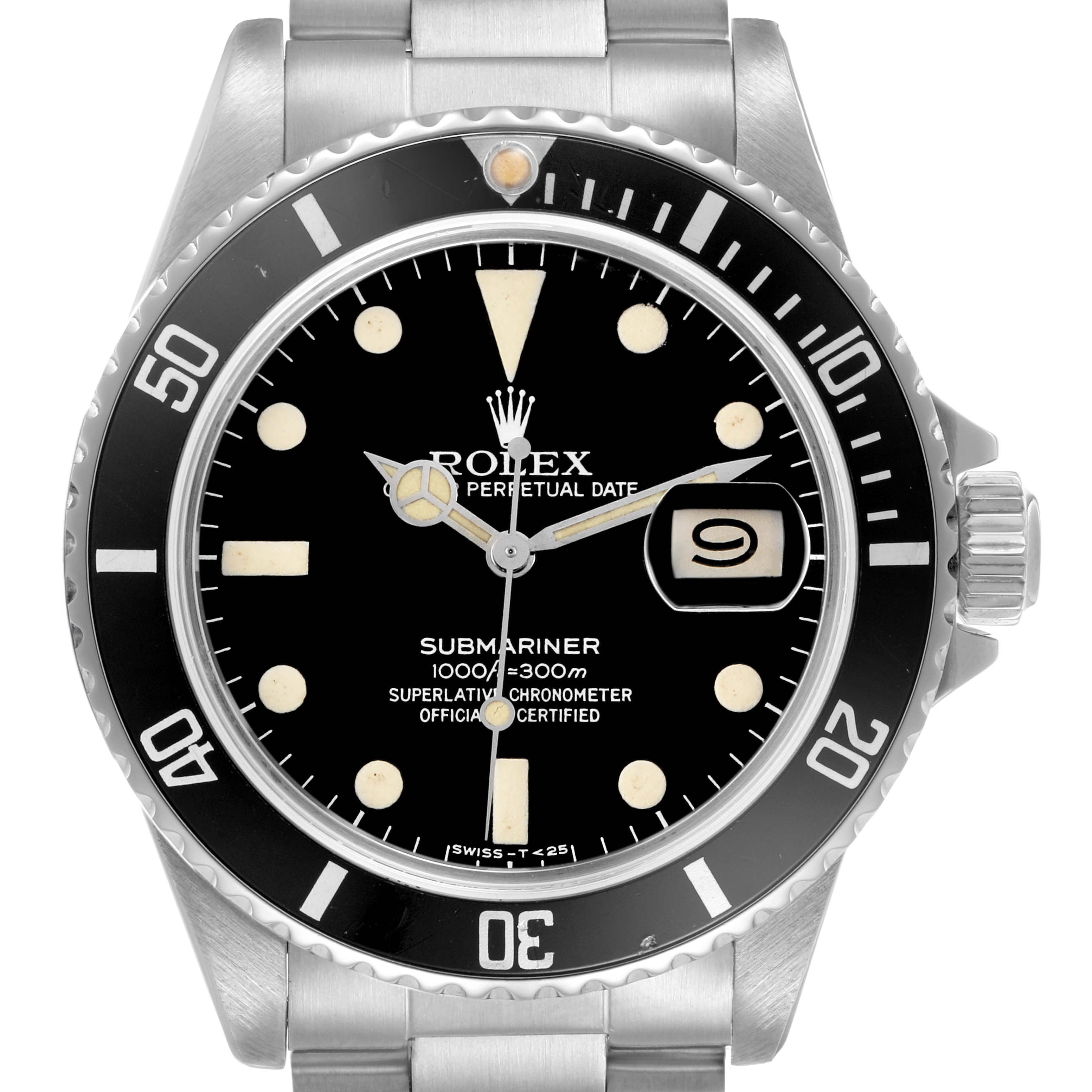 The Rolex Submariner 16800 Men's Stainless Steel Black Dial watch is shown from the front, displaying the dial, hands, bezel, and crown.