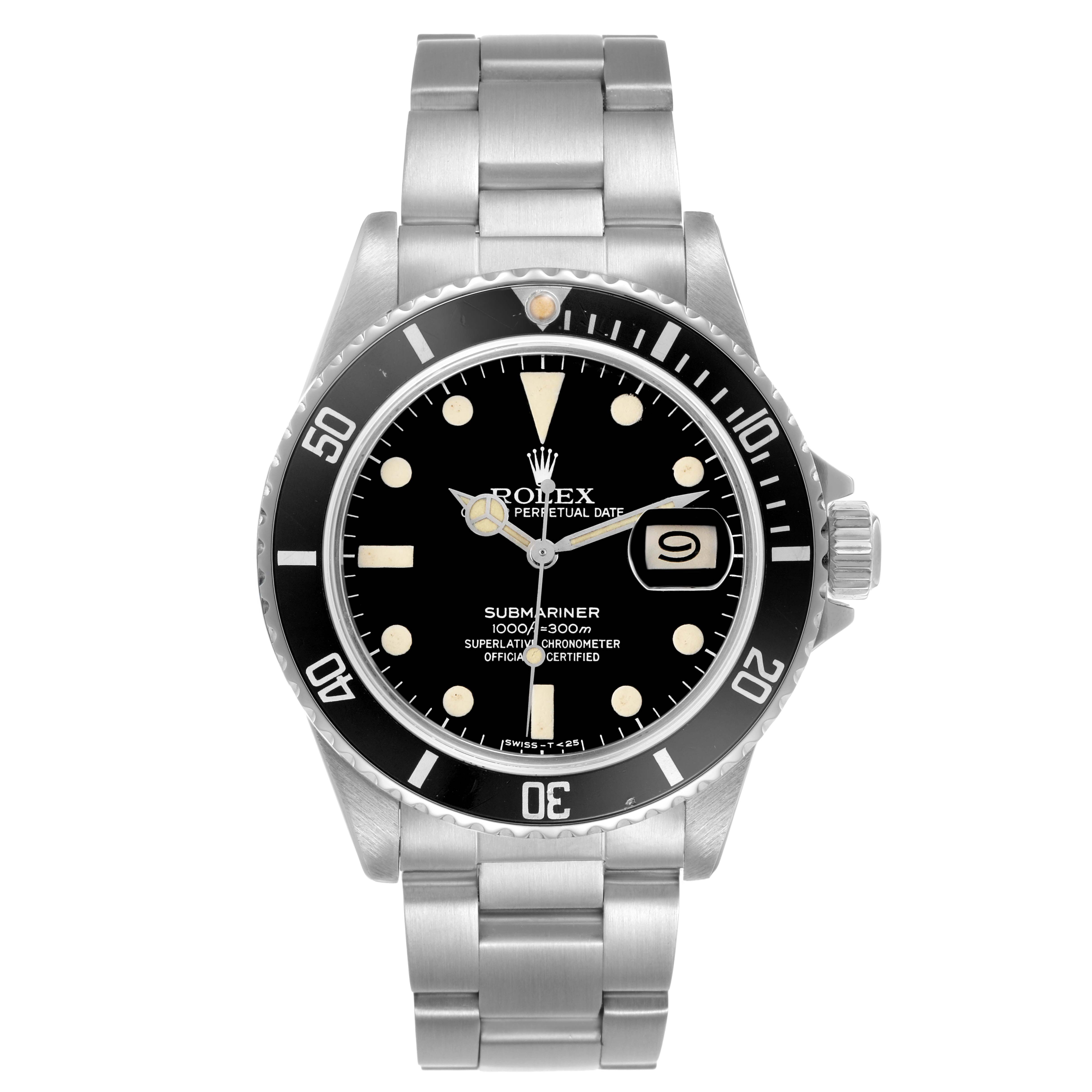 The Rolex Submariner 16800 Men's Stainless Steel Black Dial is shown from the front, displaying its dial, bezel, and bracelet.