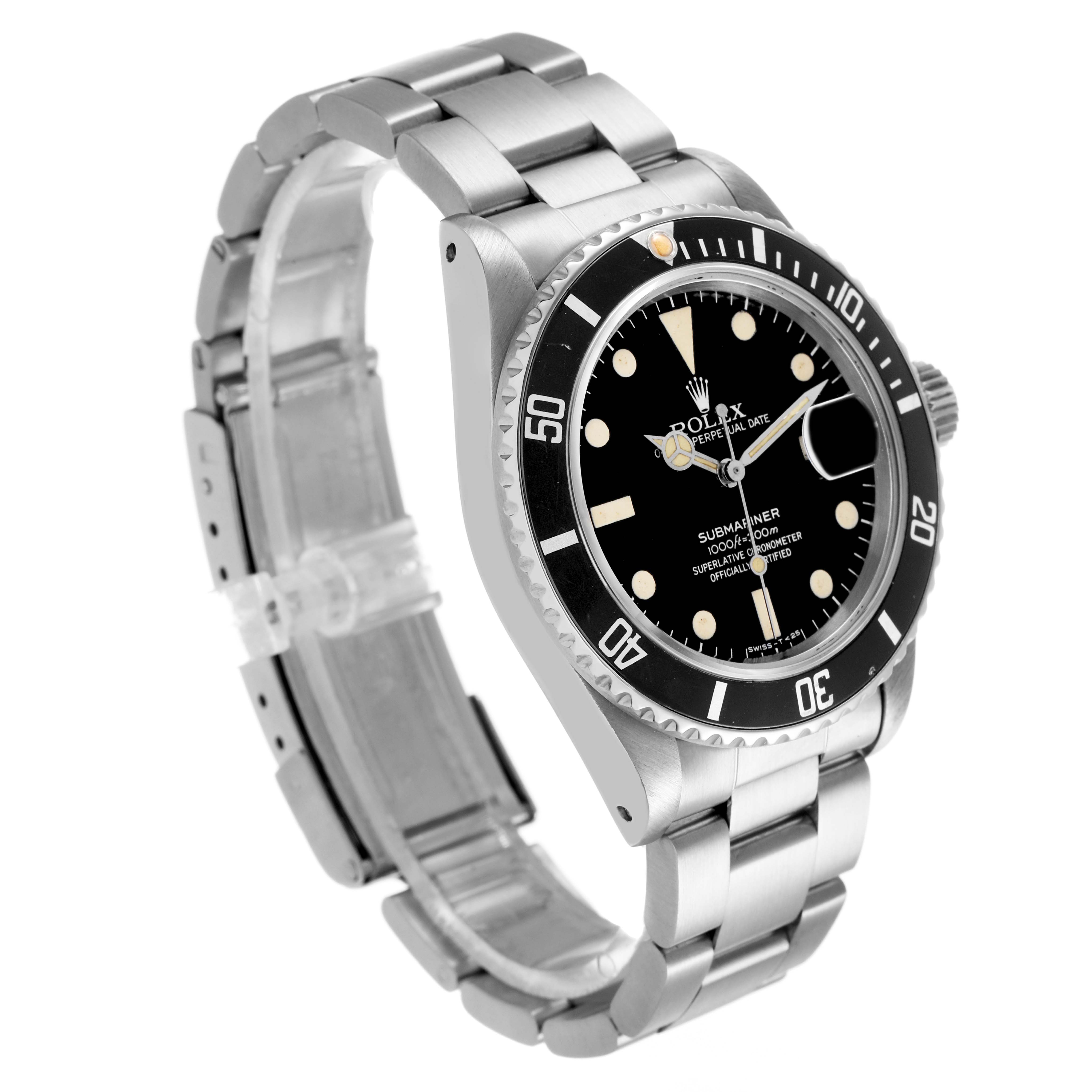 The Rolex Submariner 16800 Men's Stainless Steel Black Dial watch is shown at an angle displaying the face, bezel, and part of the bracelet.