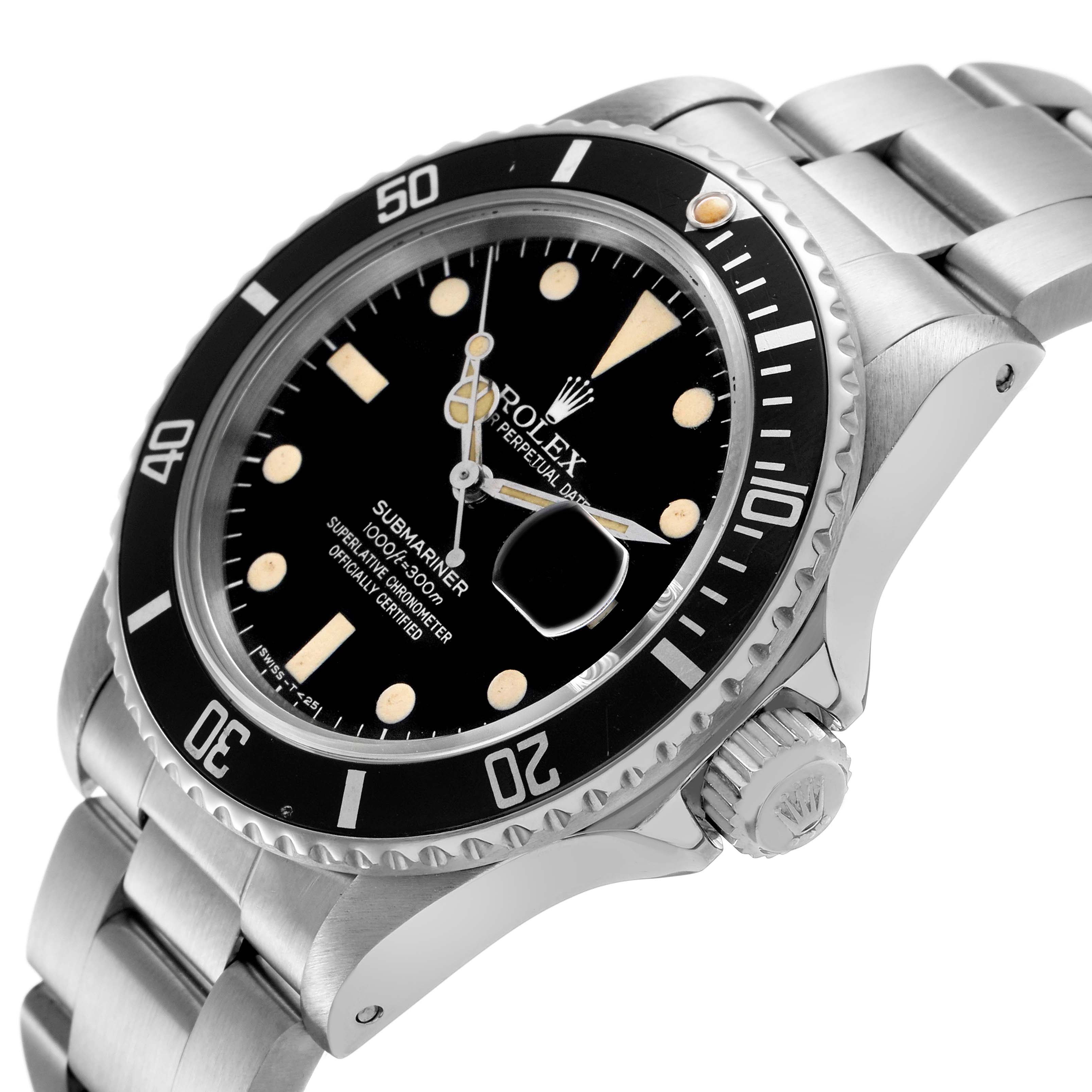 The Rolex Submariner 16800 Men's Stainless Steel Black Dial watch is shown at a slightly angled side view, highlighting the dial, bezel, crown, and bracelet links.