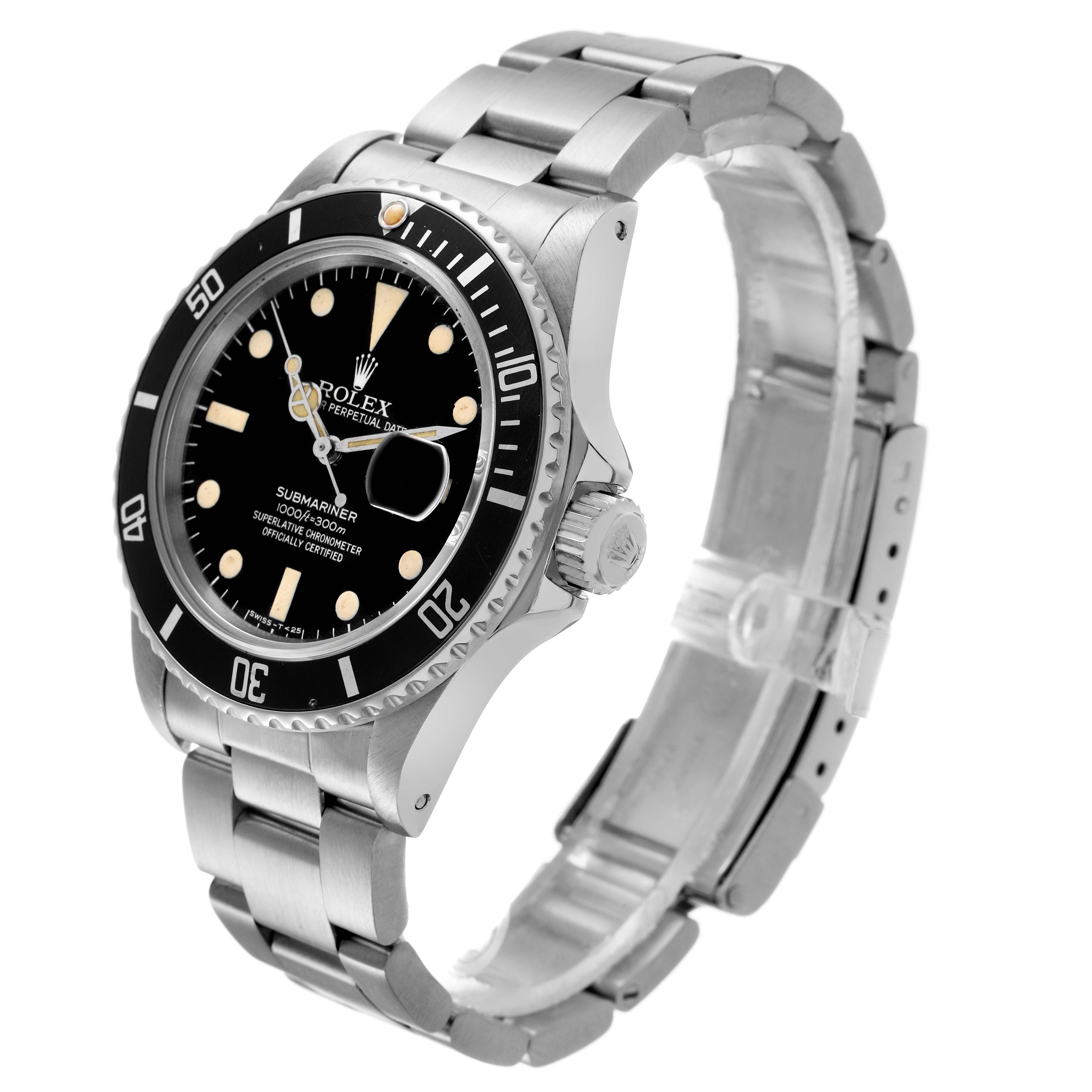 The Rolex Submariner 16800 Men's Stainless Steel Black Dial watch is shown at a 3/4 angle, highlighting the bezel, crown, and bracelet.
