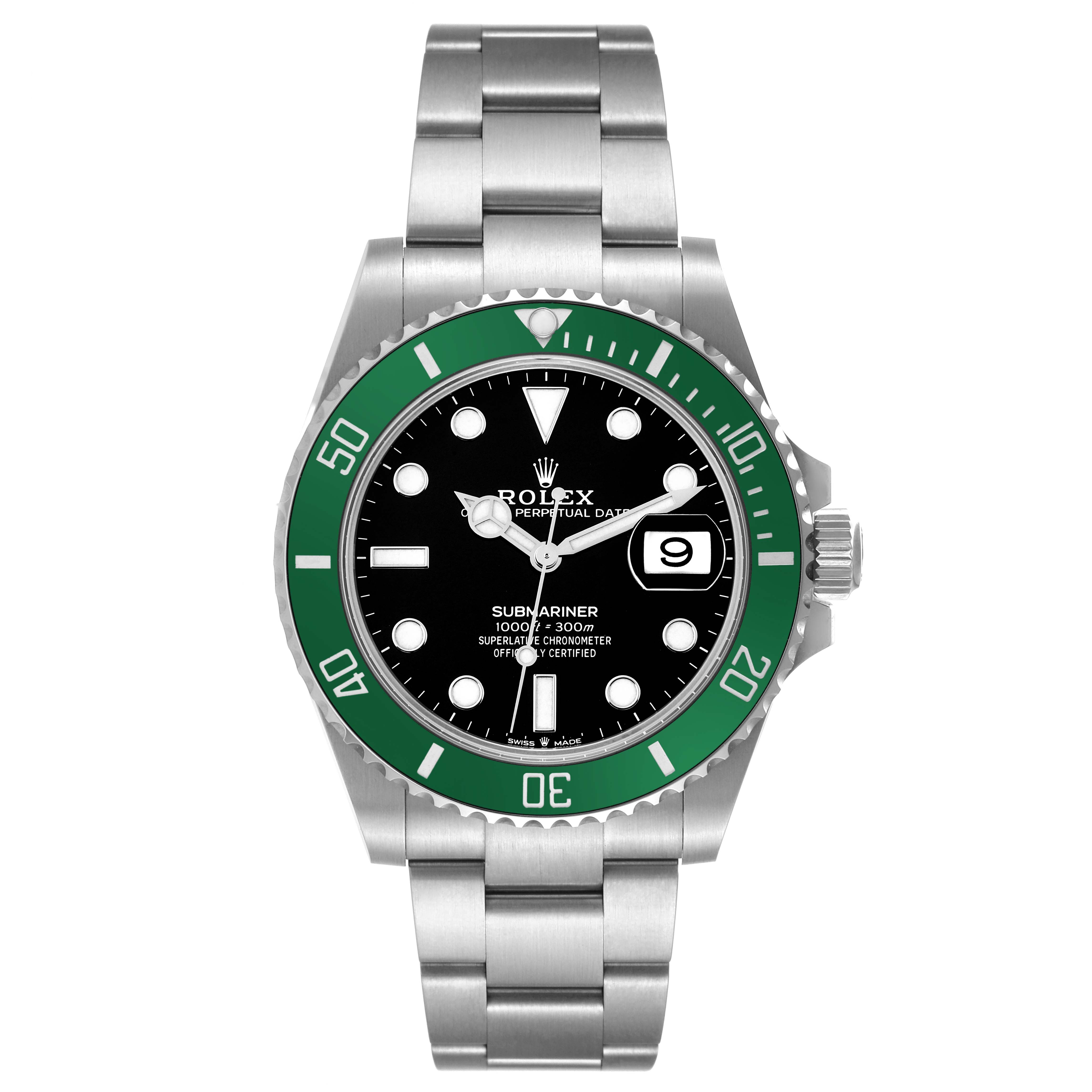 The image shows a top-down view of a Rolex Submariner 126610LV Men
s Stainless Steel Black Dial 126610LV Men
s Stainless Steel Black Dial watch, highlighting the dial, bezel, and bracelet.