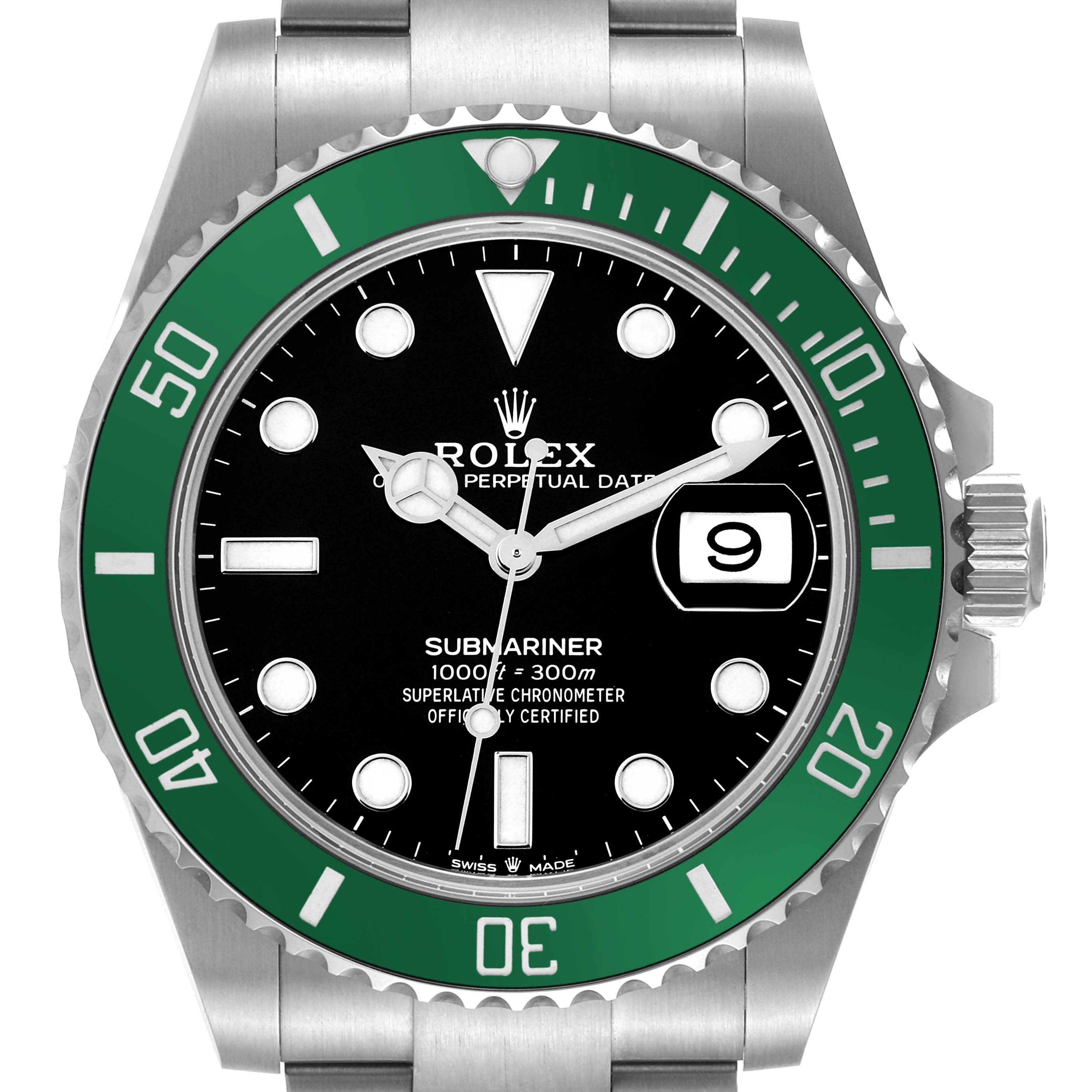 This image shows a front view of the Rolex Submariner 126610LV Men
s Stainless Steel Black Dial 126610LV Men
s Stainless Steel Black Dial watch, highlighting its green bezel, black dial, and date window.