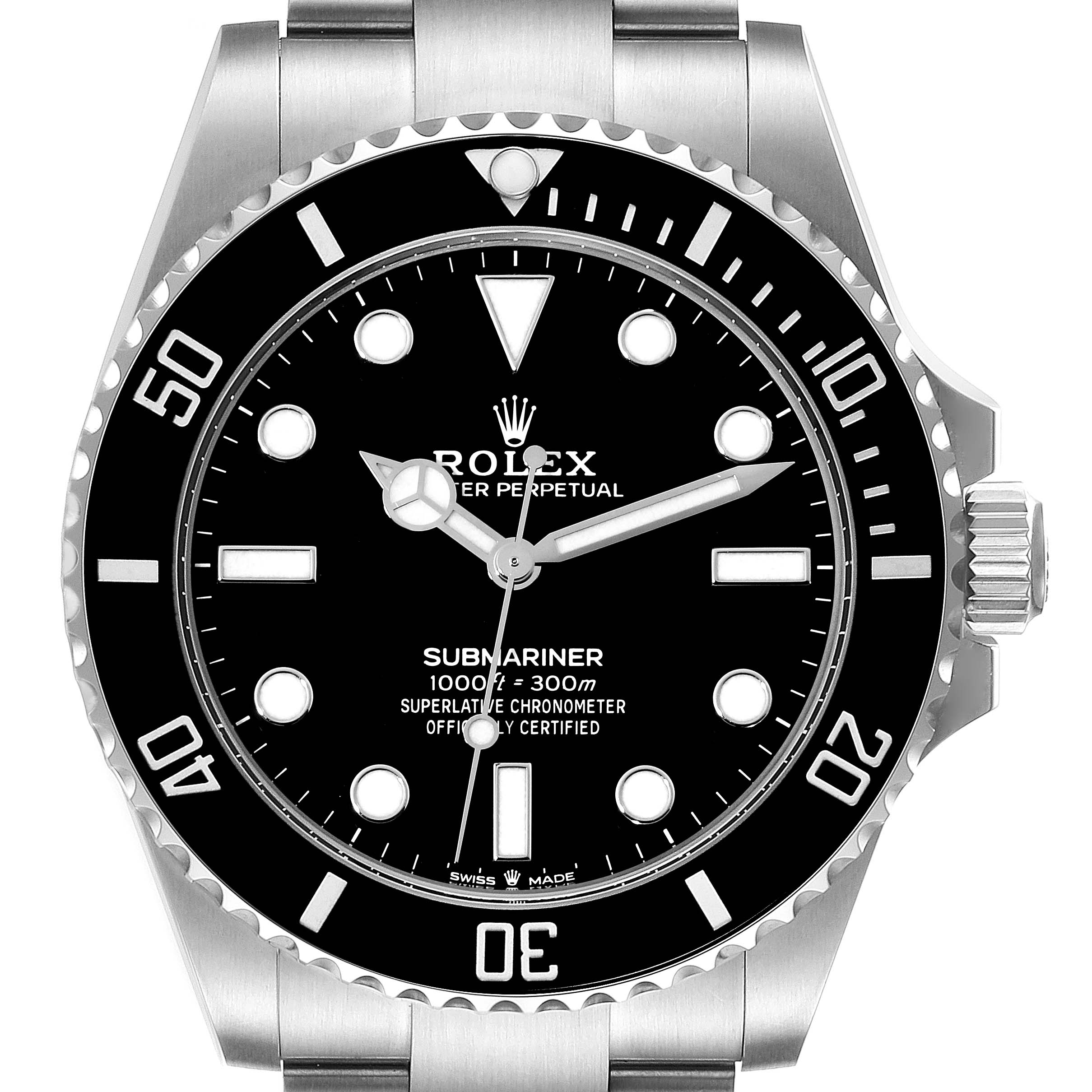 This image shows a frontal view of the Rolex Submariner 124060 Men
s Stainless Steel Black Dial 124060 Men
s Stainless Steel Black Dial watch, highlighting its dial, bezel, and part of the bracelet.