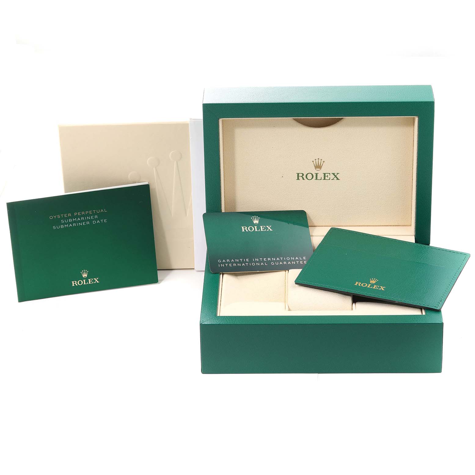 The image shows the packaging, documentation, and warranty card for a Rolex Submariner 124060 Men
s Stainless Steel Black Dial 124060 Men
s Stainless Steel Black Dial watch.