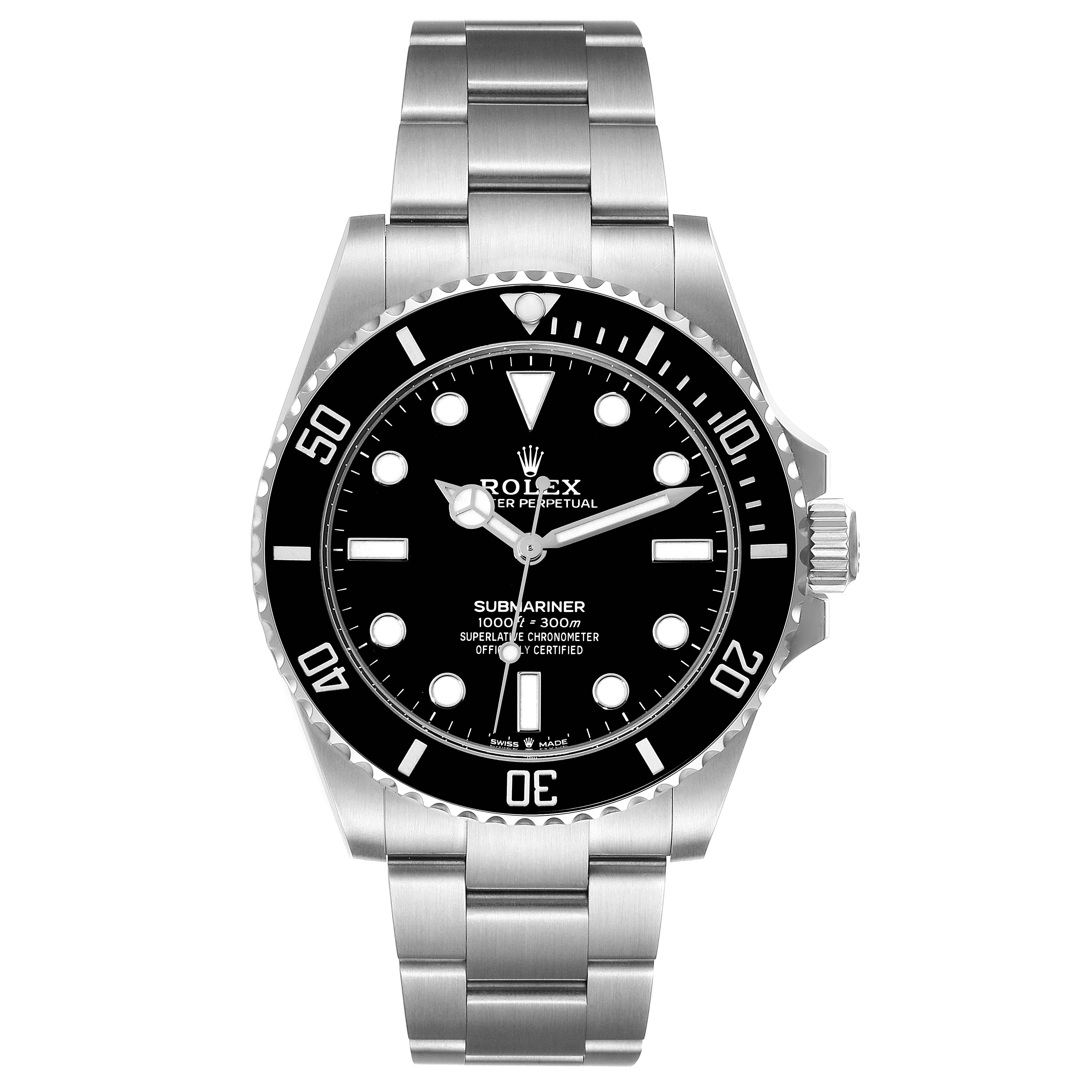 This image shows a front view of a Rolex Submariner 124060 Men
s Stainless Steel Black Dial 124060 Men
s Stainless Steel Black Dial watch, displaying its dial, bezel, and bracelet.